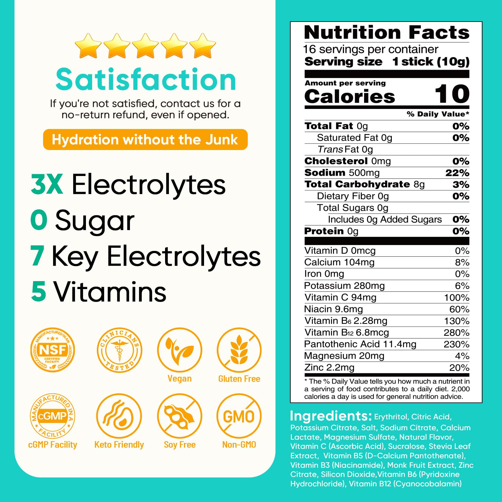 Venture Pal Sugar Free Electrolytes Powder Packets - Liquid Daily IV Hydration Packets | Instantly Hydrating & Party Recovery | 5 Vitamins & 7 Electrolytes