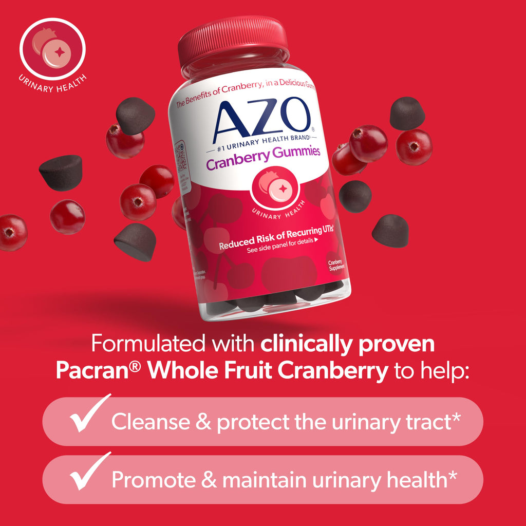 AZO Cranberry Urinary Tract Health Gummies Dietary Supplement, 2 Gummies = 1 Glass of Cranberry Juice, Helps Cleanse & Protect
