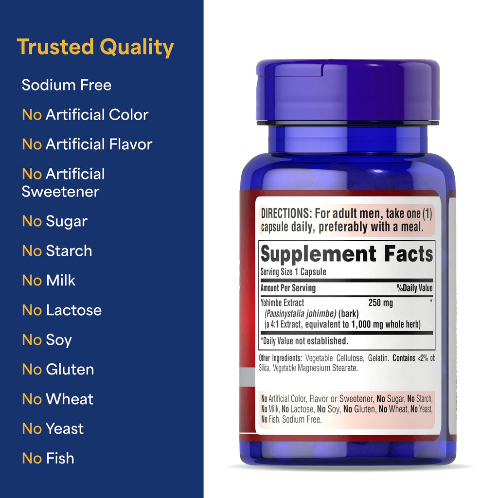 Puritan's Pride Yohimbe Exotic Herb for Men 250 mg (1000mg Equivalent), Dietary Supplement, 50 Rapid Release Capsules