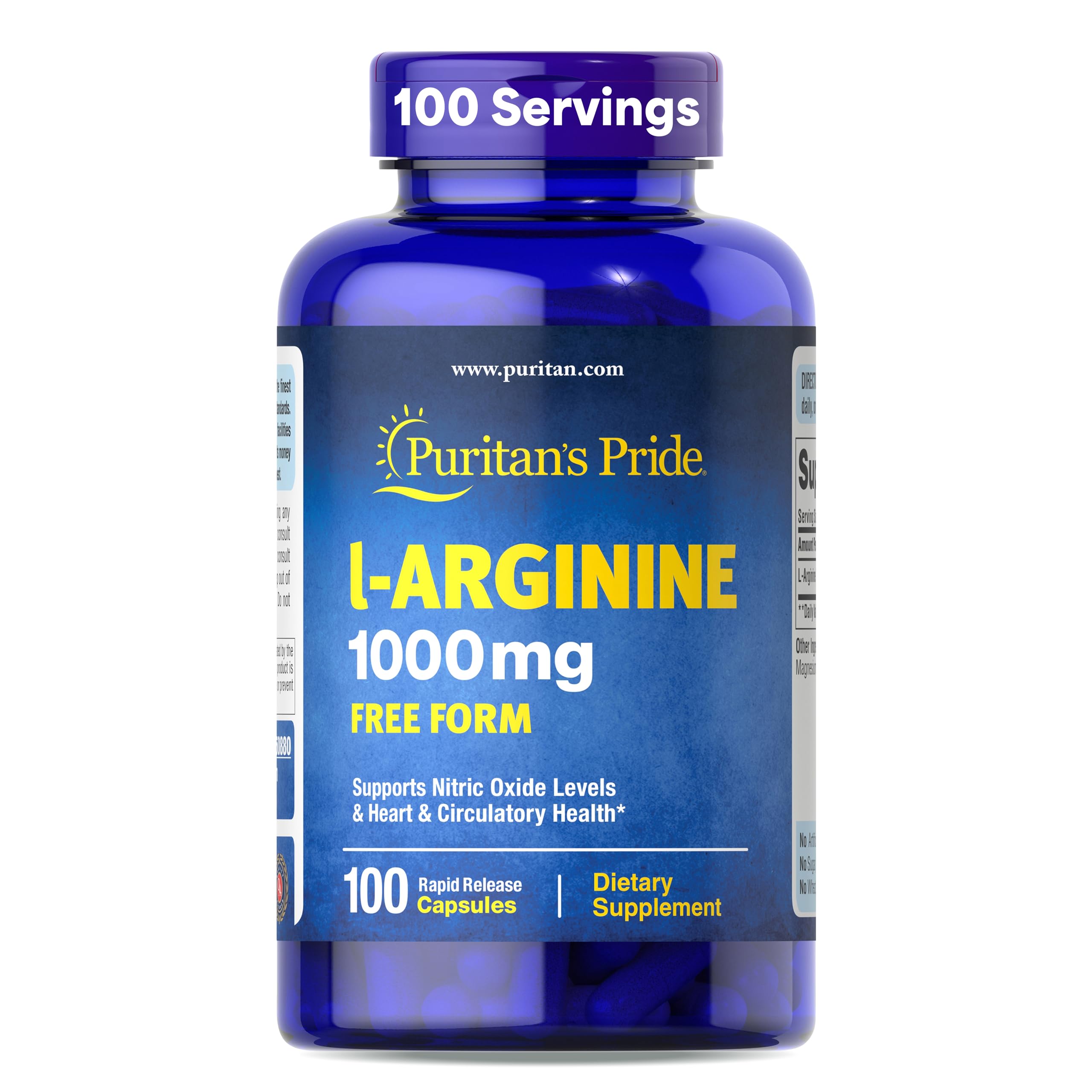 Puritan's Pride L-Arinine 1000mg, Dietary Supplement Supports Nitric Oxide Levels and Heart and Circulatory Heath, 100 Day Supply, 100 Tablets