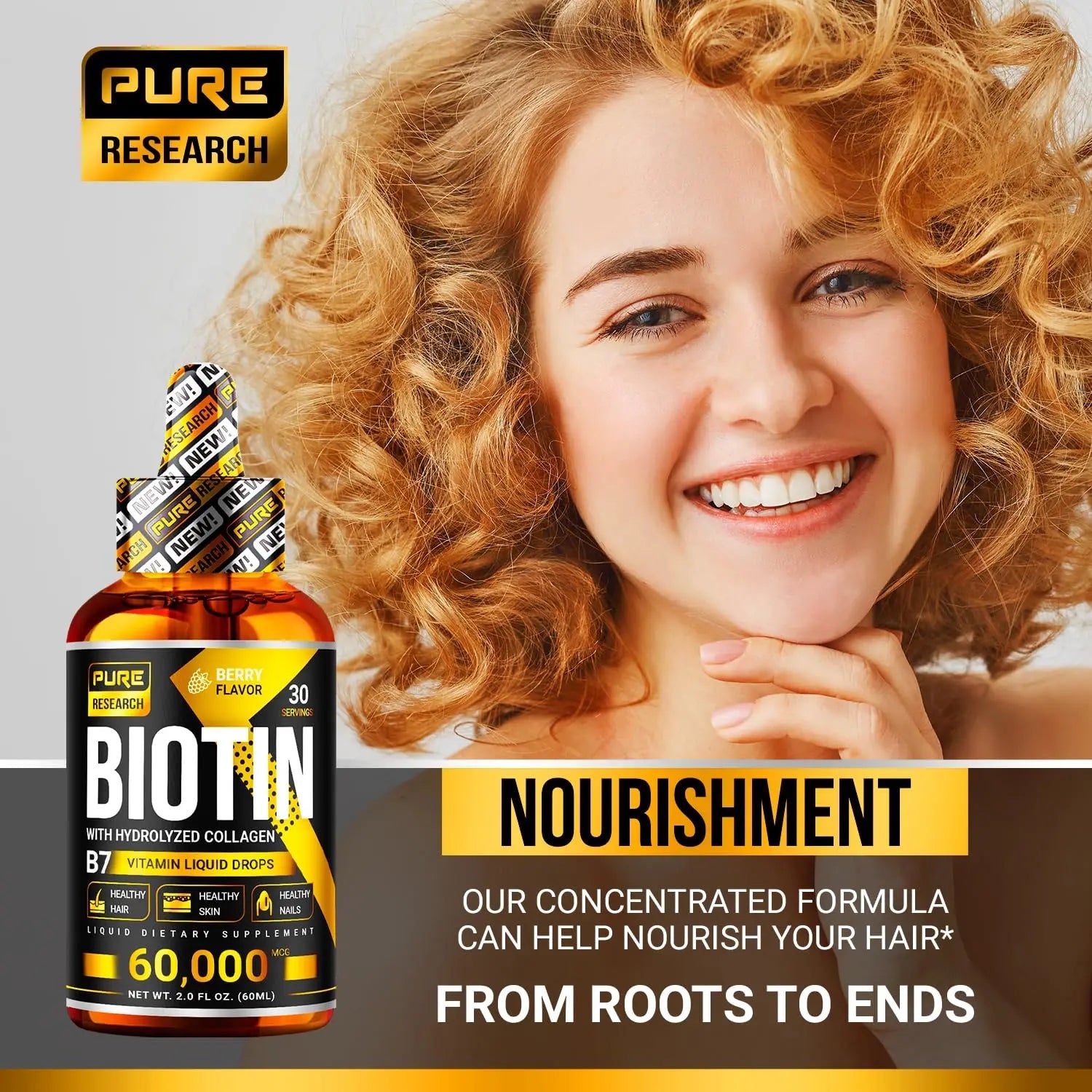 PURE RESEARCH Liquid Biotin & Collagen Hair Growth Drops 60,000mcg – Biotin and Liquid Collagen Supplements for Women & Men – Supports Glowing Skin PURE RESEARCH Au supplements