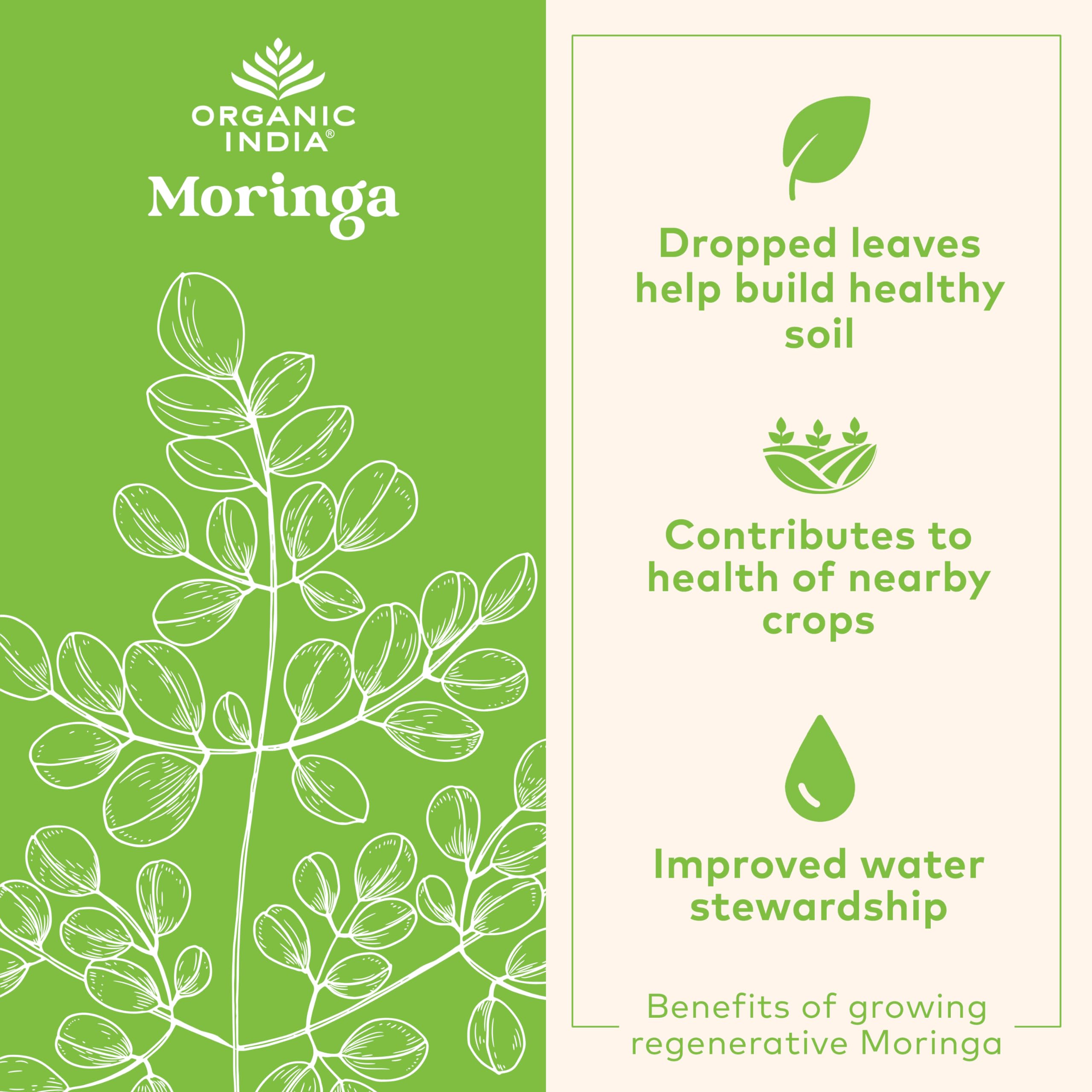 ORGANIC INDIA Moringa Herbal Supplement - Green Superfood, Nutrient Dense, Pure Plant Protein, Vitamin A, E, K, Iron, Calcium, Fiber, Vegan