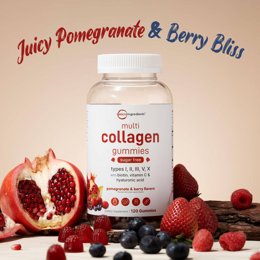 Micro Ingredients Multi Collagen Peptides, 120 Collagen Gummies | Type I,II,III,V,X Protein with Biotin, Hyaluronic Acid, & Vitamin C Complex | Pomegranate & Berry Flavored