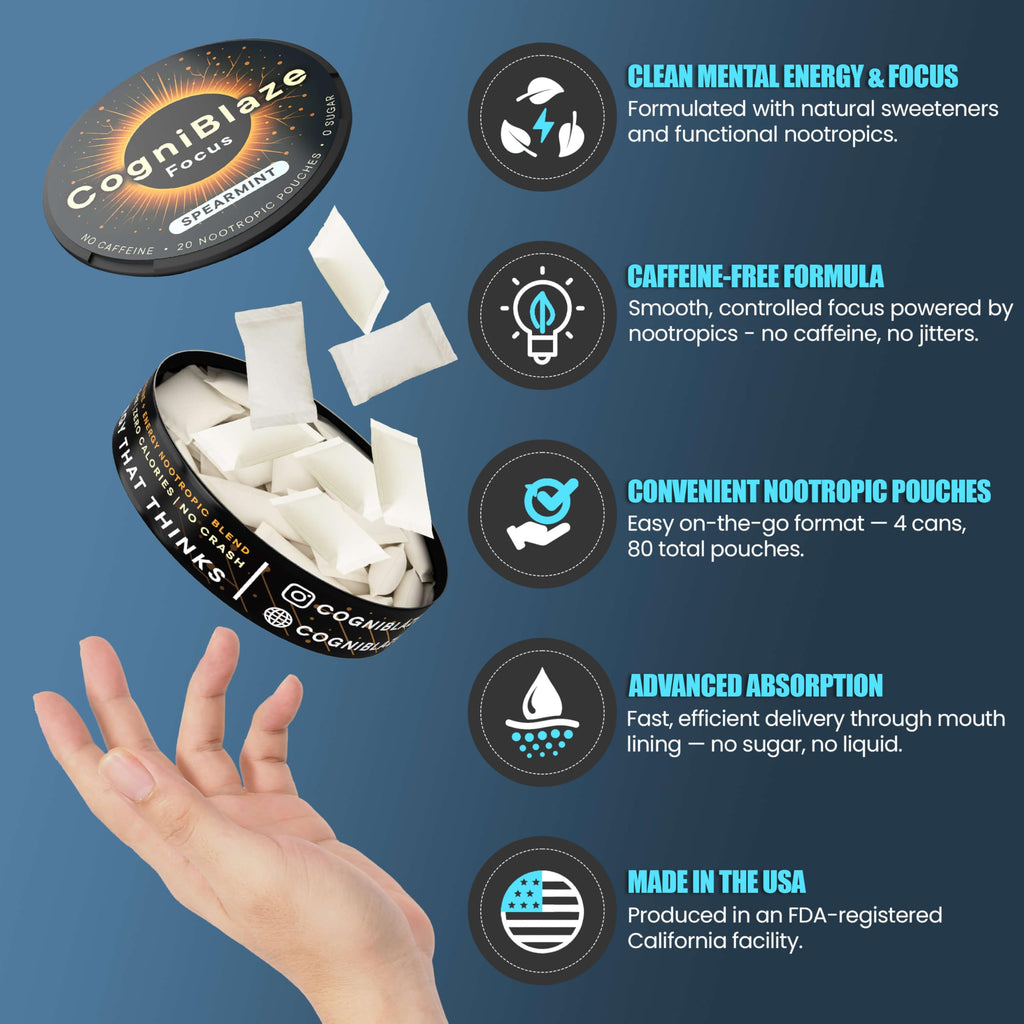 CogniBlaze Nootropic Pouches Caffeine Free (Spearmint) | 80 Focus Pouches for Clarity | 4 Pack (20 Per Can) | Mental Energy Pouches | 25mcg Huperzine A per Nootropic Pouch | Zero Calories CogniBlaze Au supplements