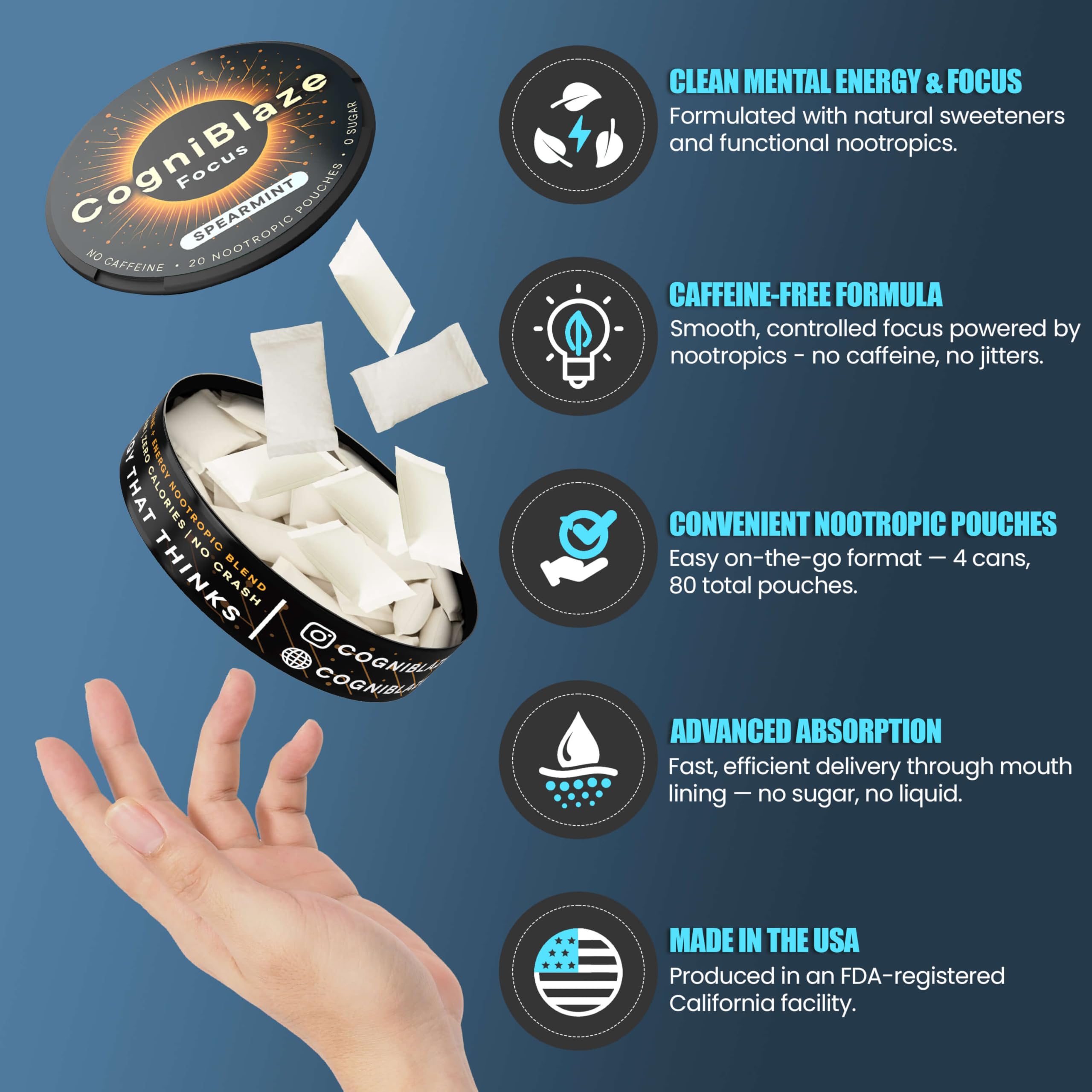 CogniBlaze Nootropic Pouches Caffeine Free (Spearmint) | 80 Focus Pouches for Clarity | 4 Pack (20 Per Can) | Mental Energy Pouches | 25mcg Huperzine A per Nootropic Pouch | Zero Calories CogniBlaze Au supplements