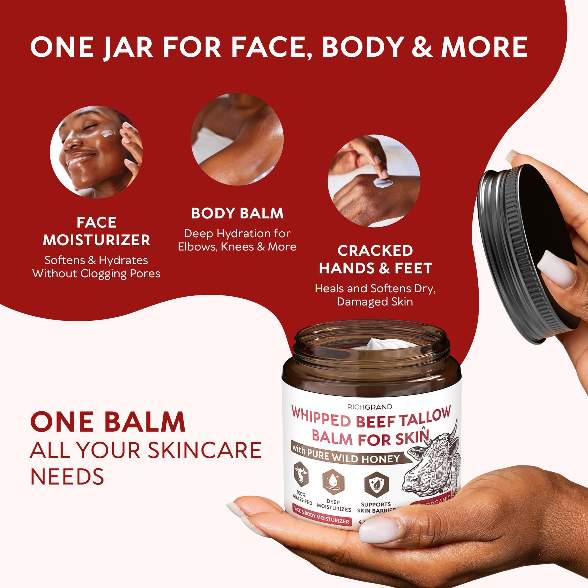 RICHGRAND Beef Tallow for Skin - Whipped Tallow and Honey Balm - Grass Fed Beef Tallow for Face, Daily Moisturizer & Body Butter