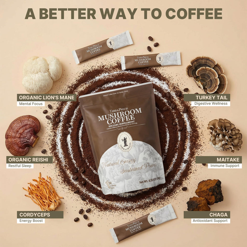 TerraPrecis Mushroom Coffee with 6 Adaptogens Mushrooms Supplement for Organic Lion's Mane&Reishi,Chaga&Other, Instant Coffee with MCT Oil& Arabica for Energy,Focus&Immune Support (30 Servings) TerraPrecis Au supplements
