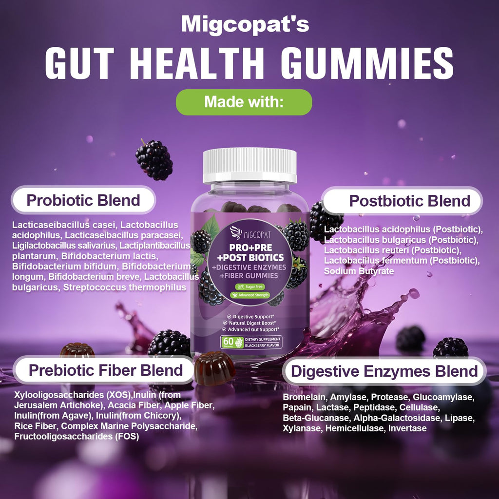 Migcopat Pre Post Probiotics Gummies, Probiotic Prebiotic Postbiotic Digestive Enzymes with Fiber, 120 Billion CFU Probiotics Complete Gut Support, Sugar Free