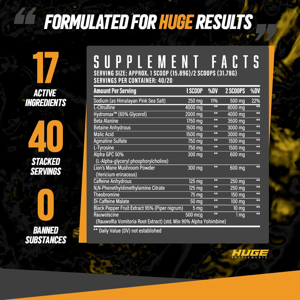 Huge Supplements Wrecked Pre-Workout, 30G+ Ingredients Per Serving to Boost Energy Huge Supplements Au supplements