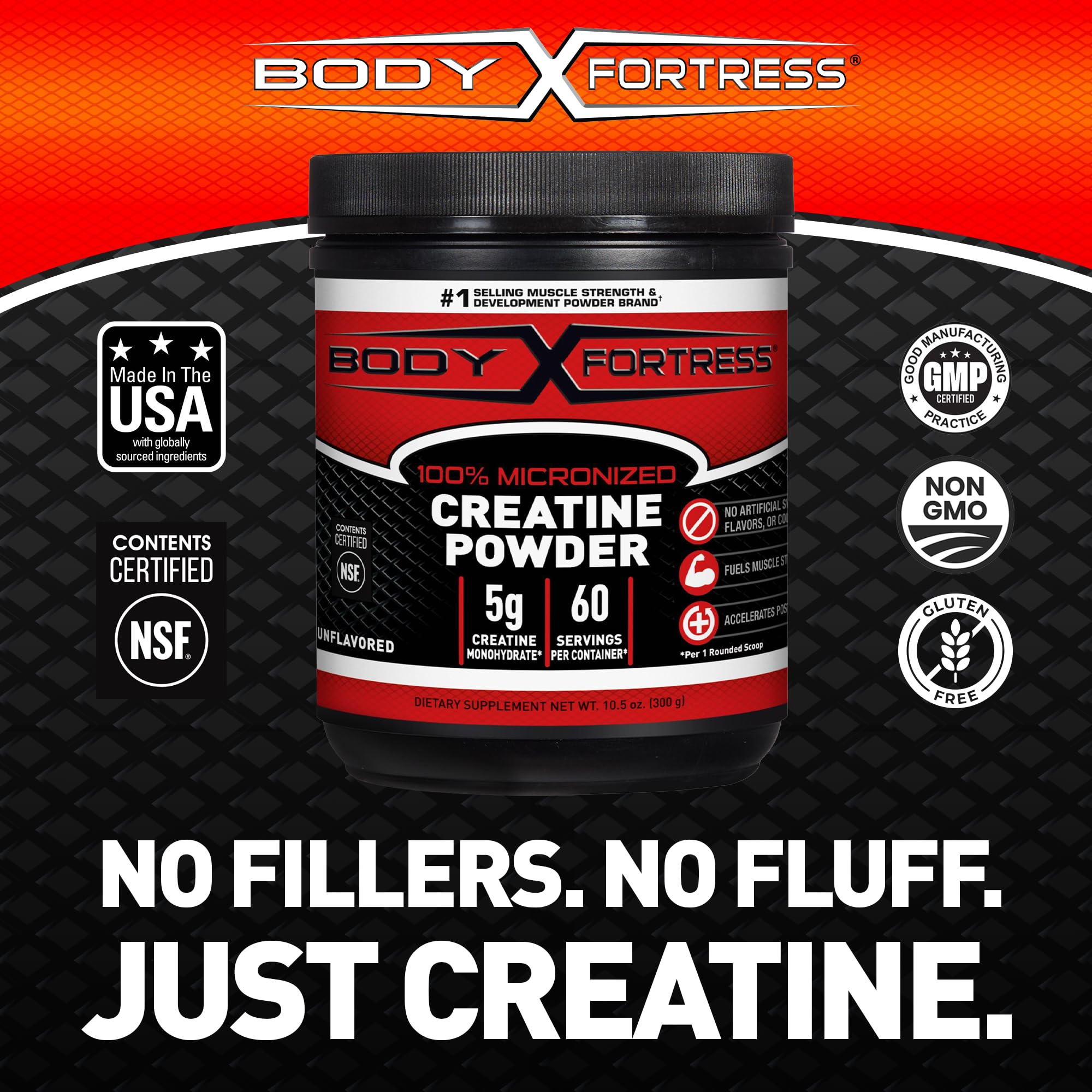 Body Fortress 100% Creatine Monohydrate Powder - Unflavored Micronized Creatine Supplement for Muscle Growth, Strength & Recovery, Pre Workout & Post Workout