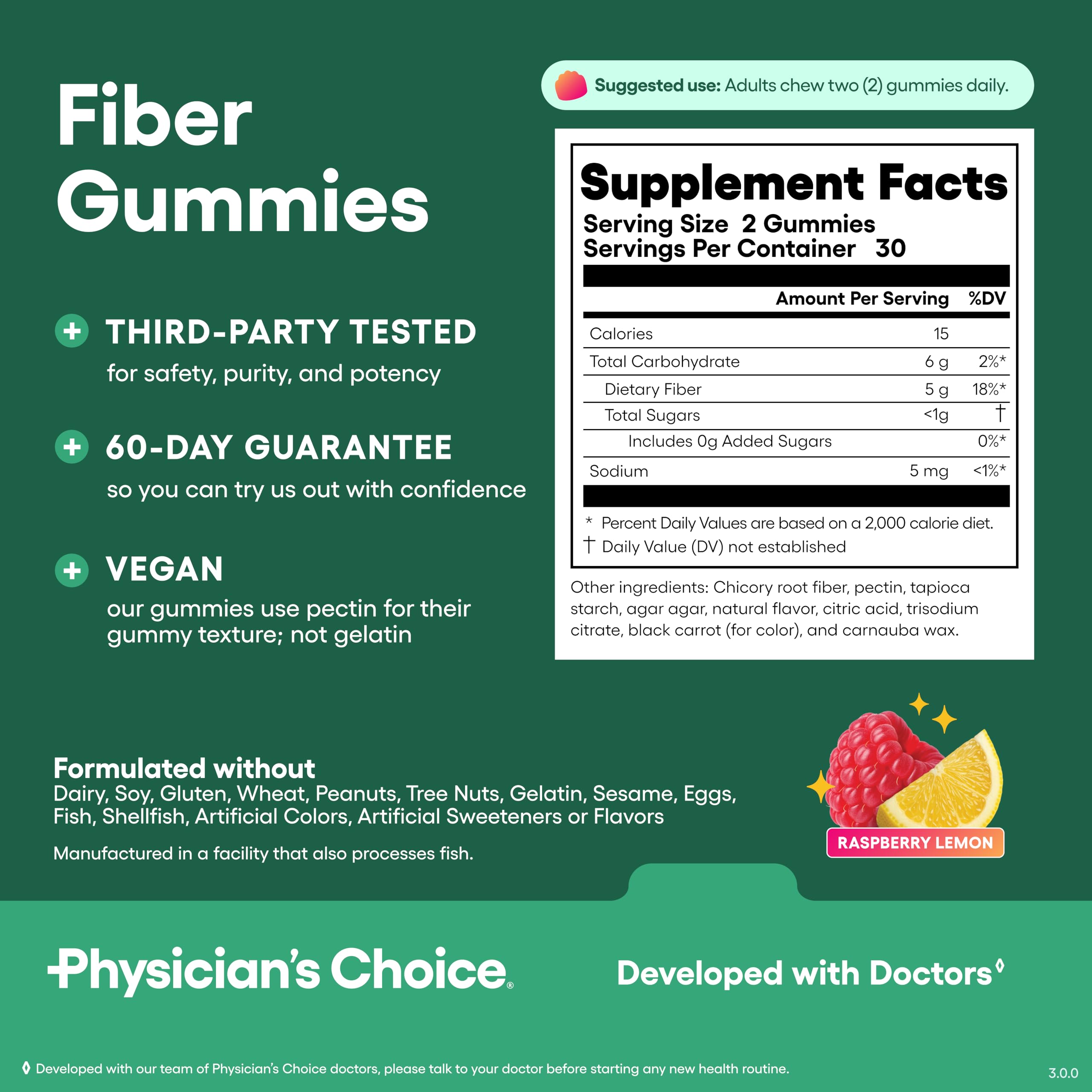 Physician’s Choice Fiber Gummies for Digestive Health & Regularity - Raspberry Lemon Flavor - No Sugar Added & Vegan - Natural Chicory Root Prebiotic Fiber