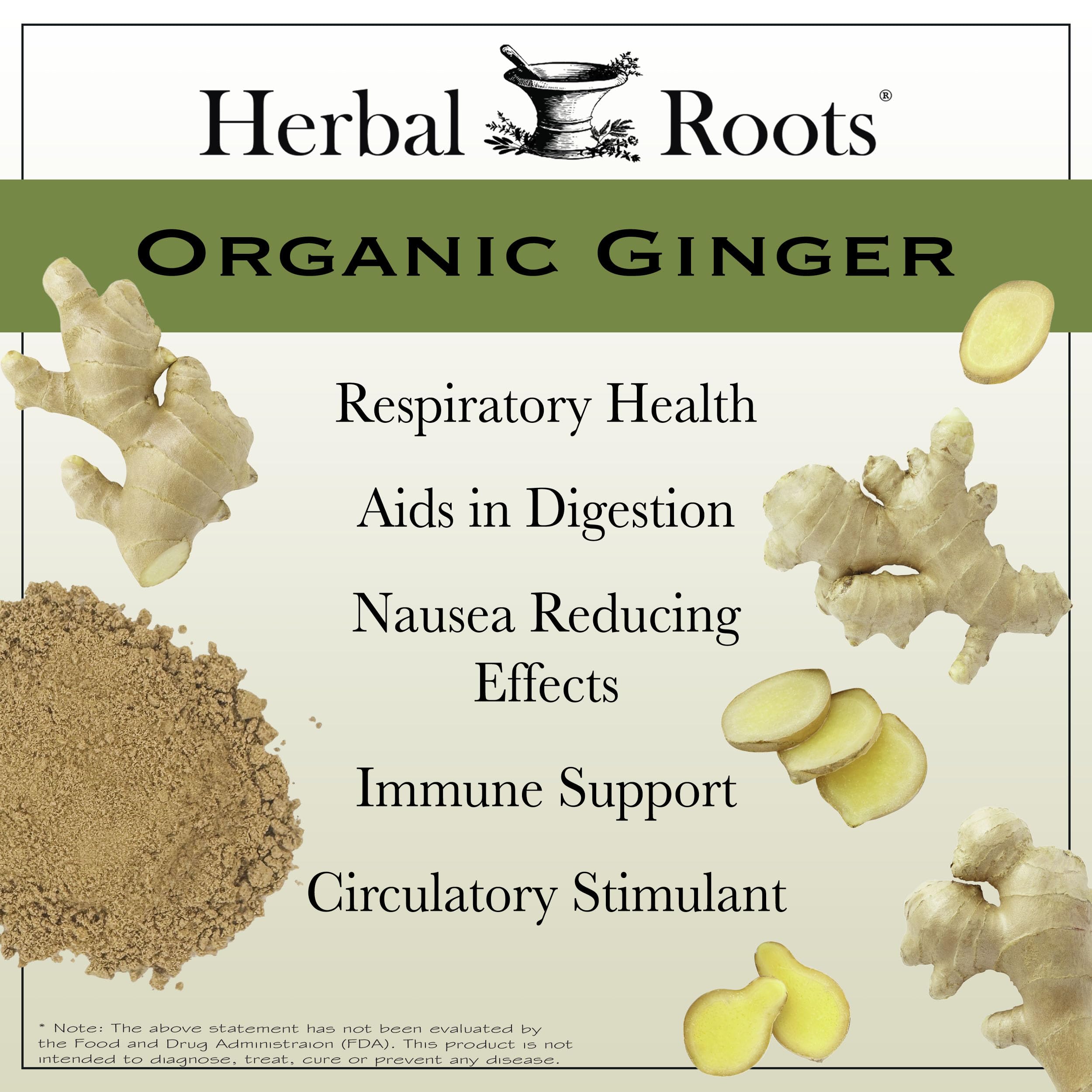 Herbal Roots Ginger Supplement | Organic Ginger Root Capsules | 1,200 mg of Pure Ginger Powder per Serving | 60 Vegan Capsules