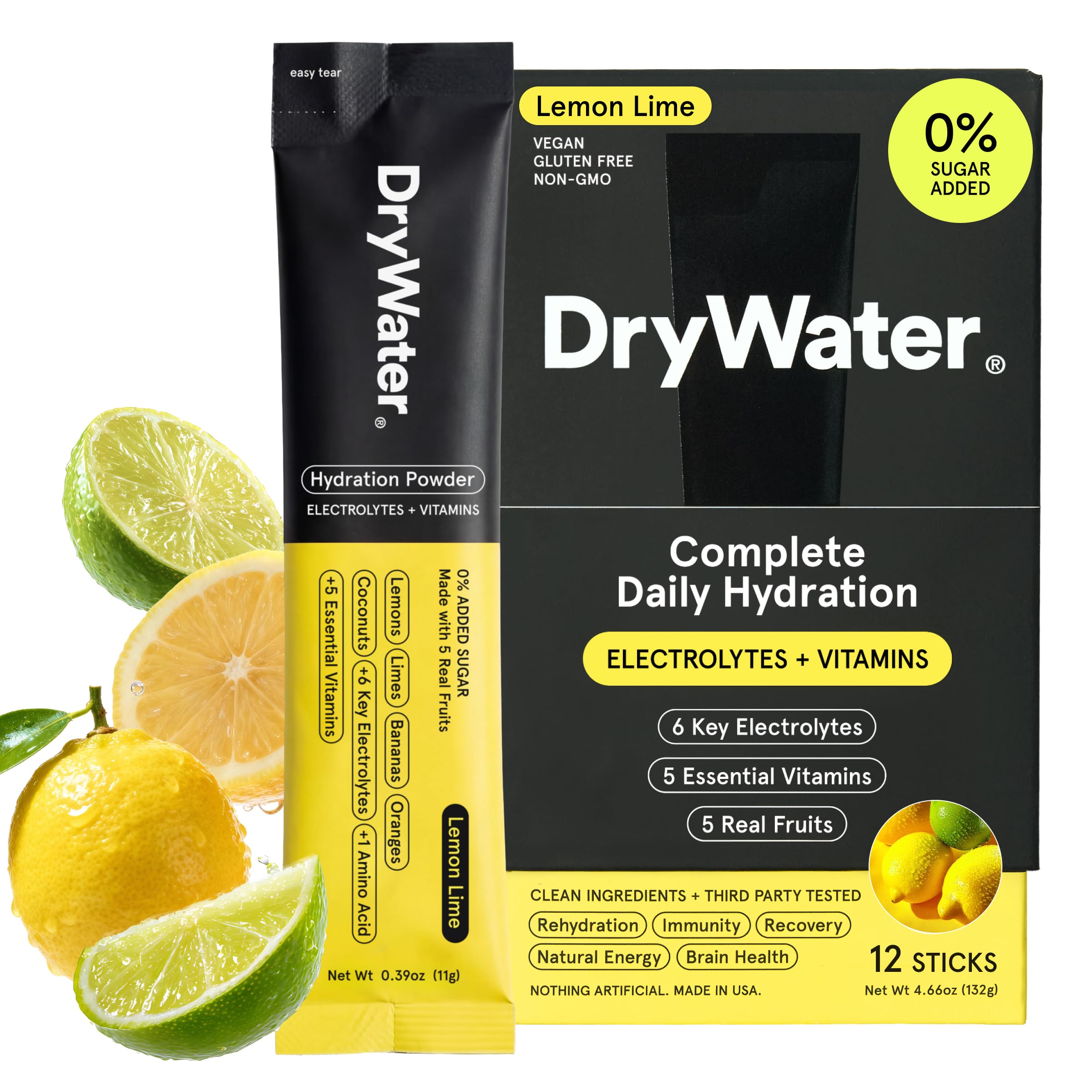 DryWater Electrolyte Powder Packets, Lemon Lime - Hydration Packets Drink Mix with Zero Added Sugar for Rehydration & Energy - 6 Key Electrolytes