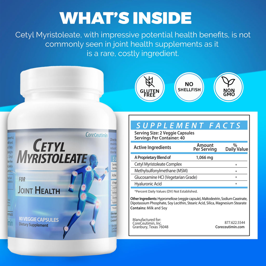 CoreCeutimin Cetyl Myristoleate - Omega 5 Fatty Acid - Ultra Support for Relief from Joint Discomfort and Stiffness - Also Includes Glucosamine, MSM & Hyaluronic Acid - 80 Capsules CoreCeutimin Au supplements