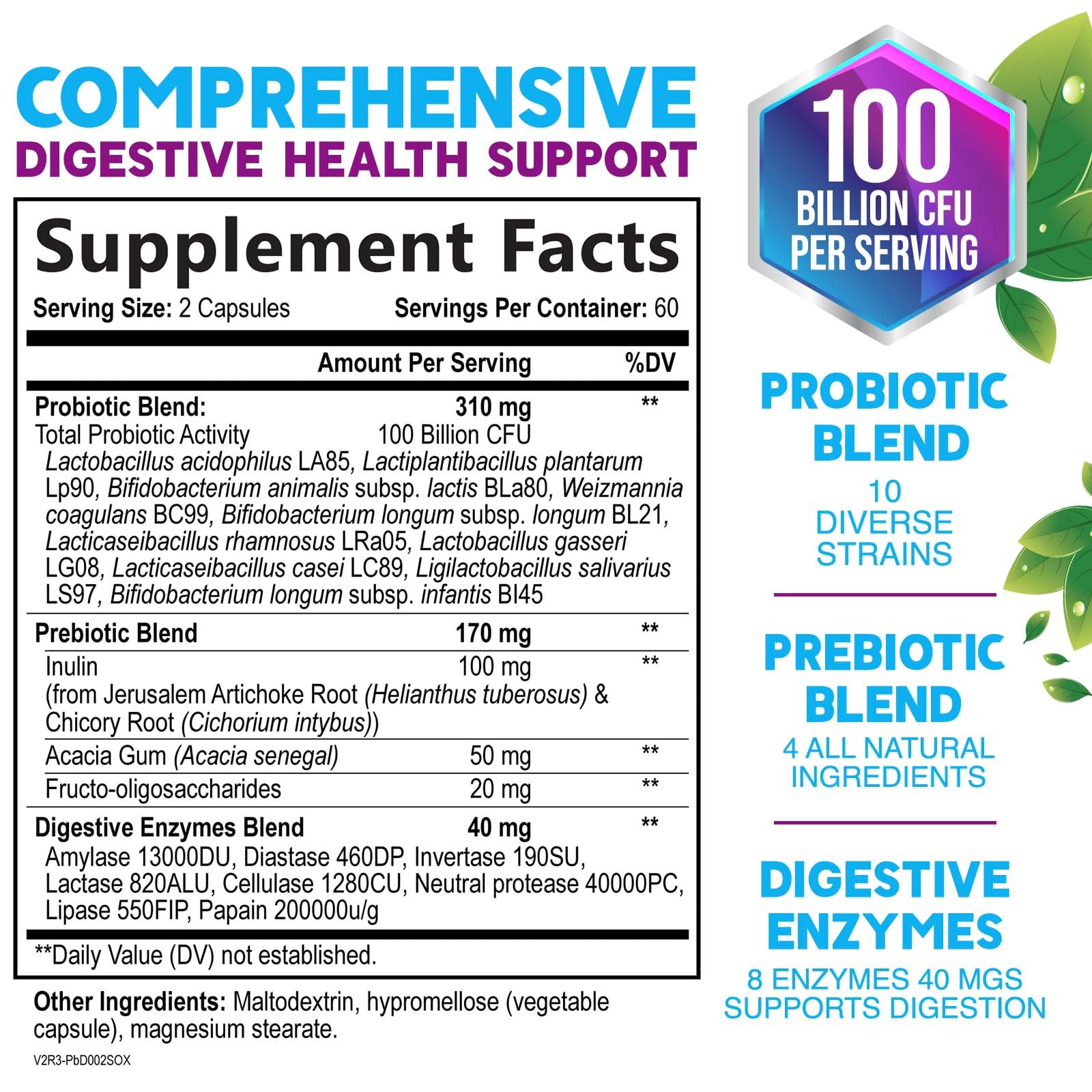 Probiotics 100 Billion CFU Per Serving - 10 Premium Strains + Prebiotics - Best Probiotic Supplement for Women & Men - Supports Immune, Digestive Health,