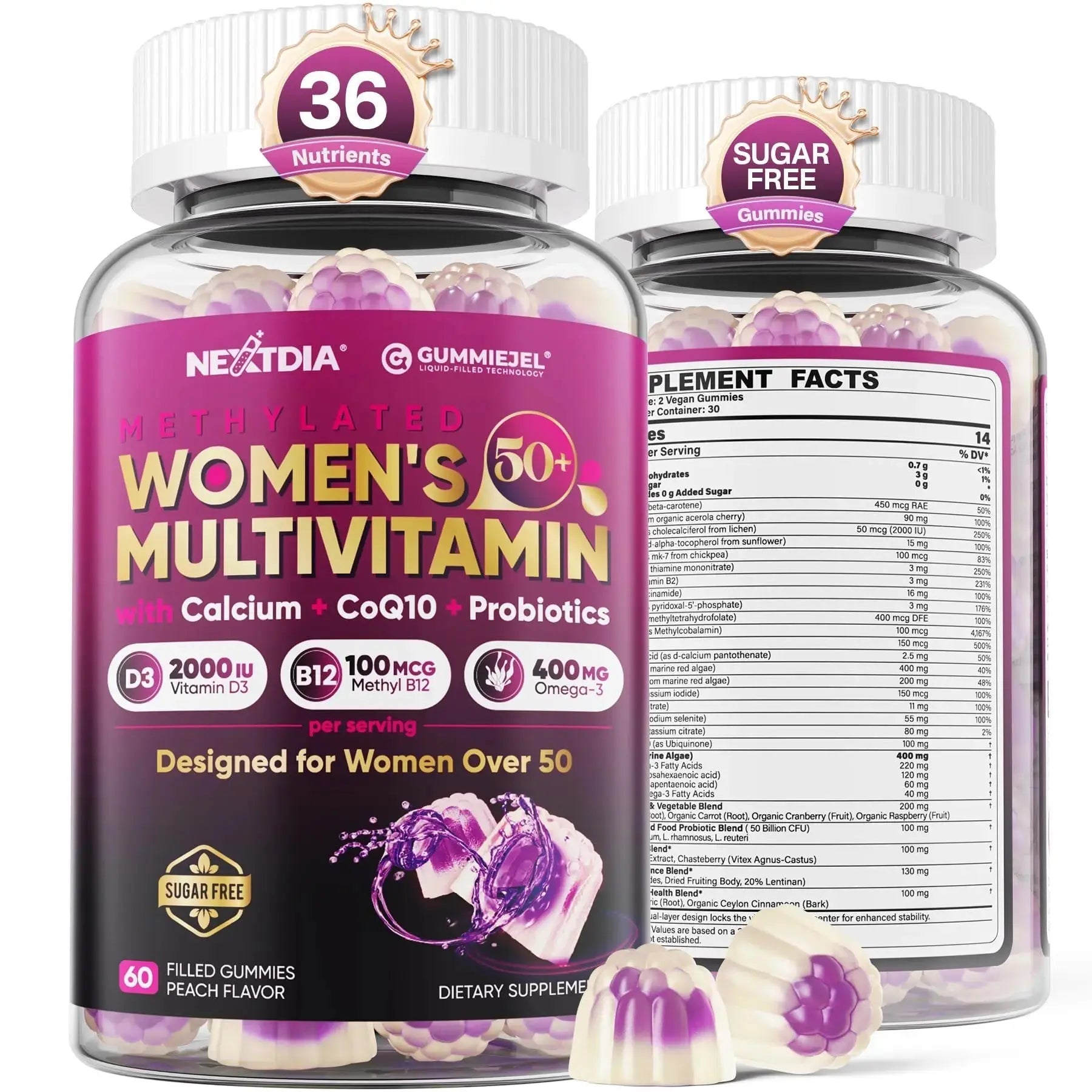 Multivitamin for Women 50 Plus Gummies, Vegan Omega 3, Methylfolate, Calcium, D3 K2, CoQ10, Daily Vitamin A C E, Methylated B12, Biotin, B Complex Nextdia Au supplements