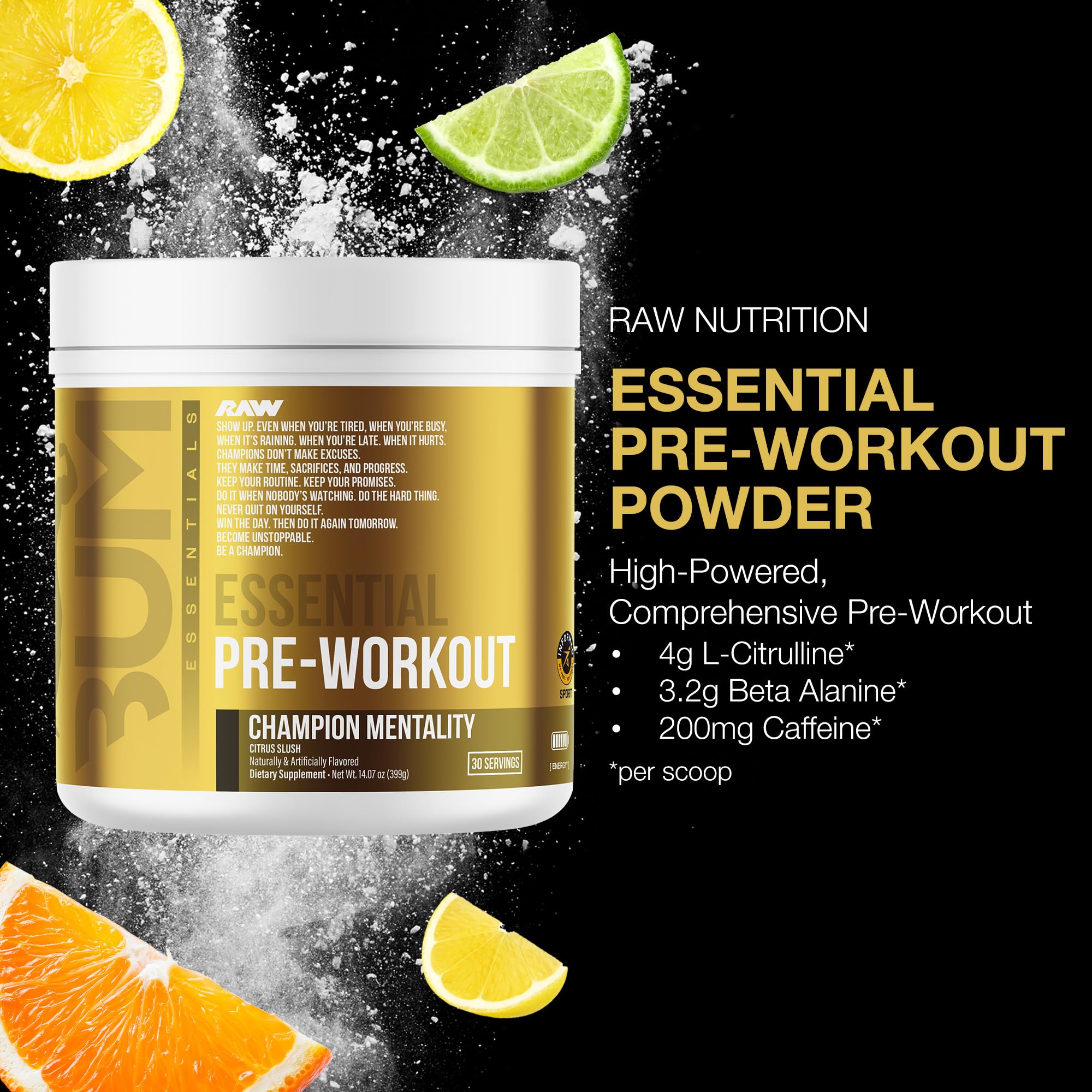 RAW Essential Pre-Workout Powder (Champion Mentality) - Chris Bumstead Sports Nutrition Supplement for Men & Women - Preworkout Energy Powder with Caffein