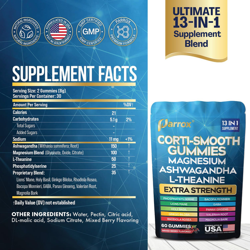 Parrox Corti-Smooth Cortisol Support Gummies with Magnesium, L-Theanine, Ashwagandha, Phosphatidylserine, Bacopa Monnieri, Lions Mane, Ginkgo Biloba, Valerian Root (60 Gummies - Mixed Berry Flavor) Parrox Au supplements