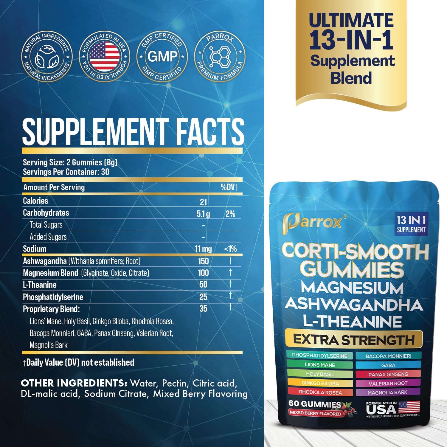 Parrox Corti-Smooth Cortisol Support Gummies with Magnesium, L-Theanine, Ashwagandha, Phosphatidylserine, Bacopa Monnieri, Lions Mane, Ginkgo Biloba, Valerian Root (60 Gummies - Mixed Berry Flavor) Parrox Au supplements