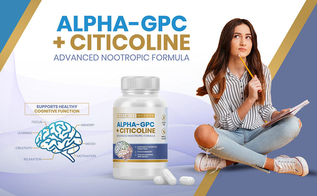Maximize Within Alpha GPC + Citicoline 60 Ct, 1600mg Concentrated Formula- 99%+Highly Purified & Bioavailable Nootropic-Cognitive Enhancer, Supports Memory, Brain Function, Boosts Focus, Mood & Energy Maximize Within Au supplements
