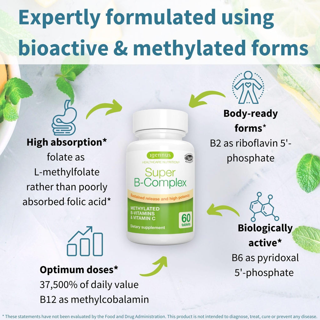 Igennus Super B-Complex Methylated B Vitamins - Sustained Release, Clean Label & High Absorption, with 5-MTHF Folate & Methyl B12, Energy, Mood & Cognitive Performance