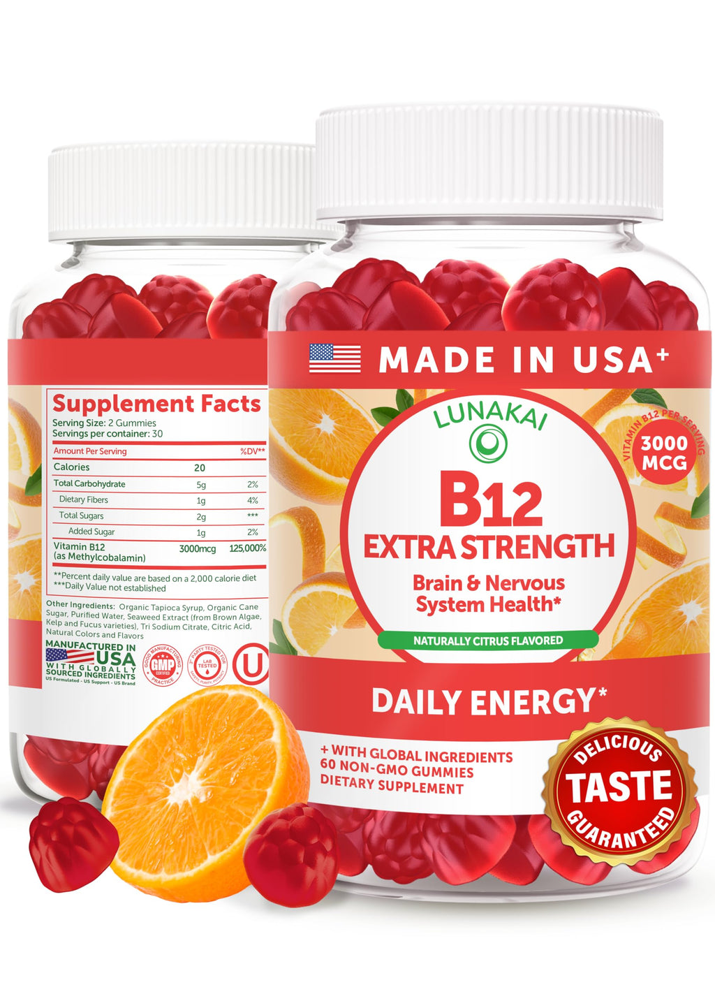 Lunakai USA Made Vitamin B12 Gummies 3000mcg, B12 Vitamins for Energy, Brain & Metabolism Support, Methylcobalamin for Adults, Women & Men,