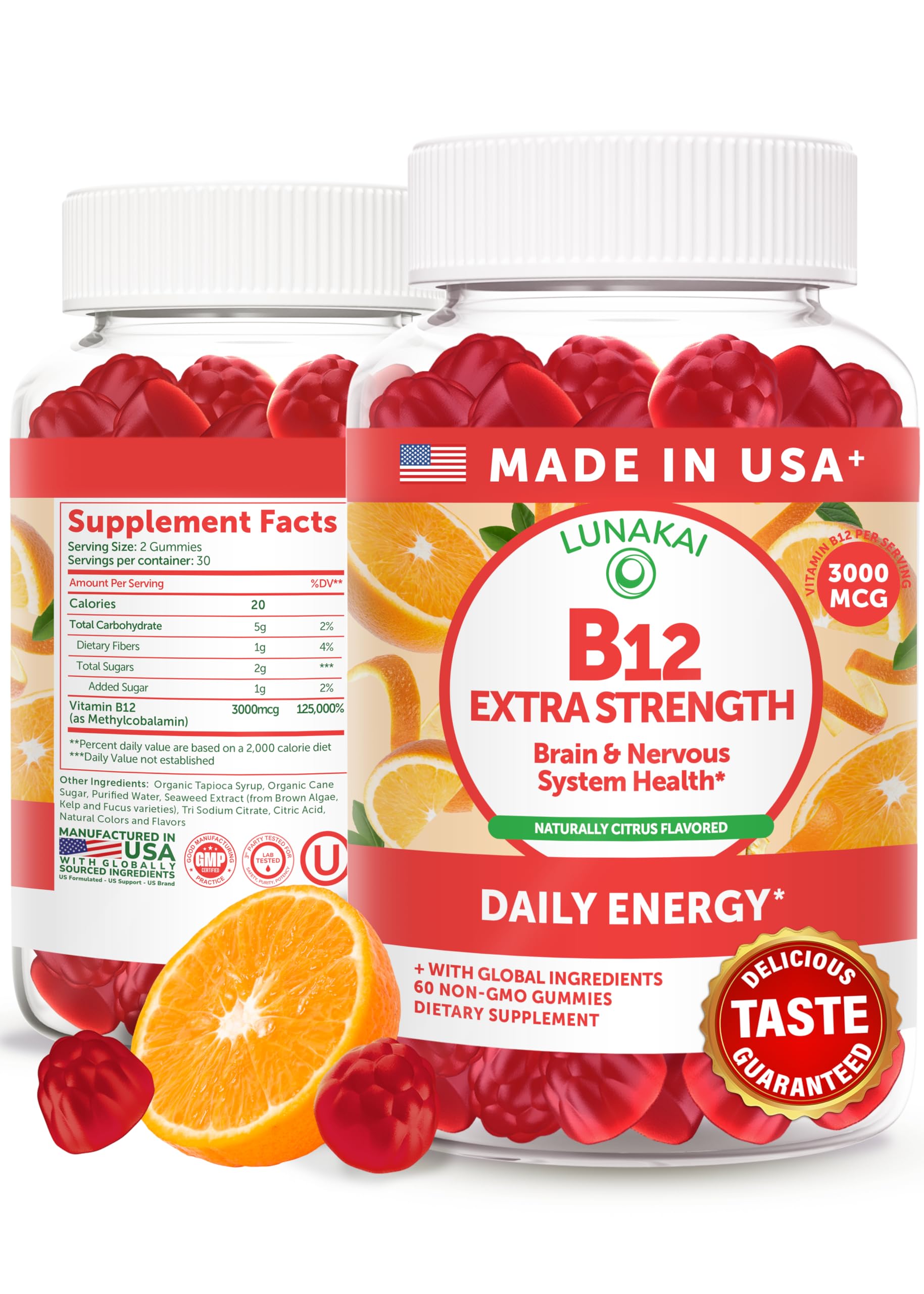 Lunakai USA Made Vitamin B12 Gummies 3000mcg, B12 Vitamins for Energy, Brain & Metabolism Support, Methylcobalamin for Adults, Women & Men,