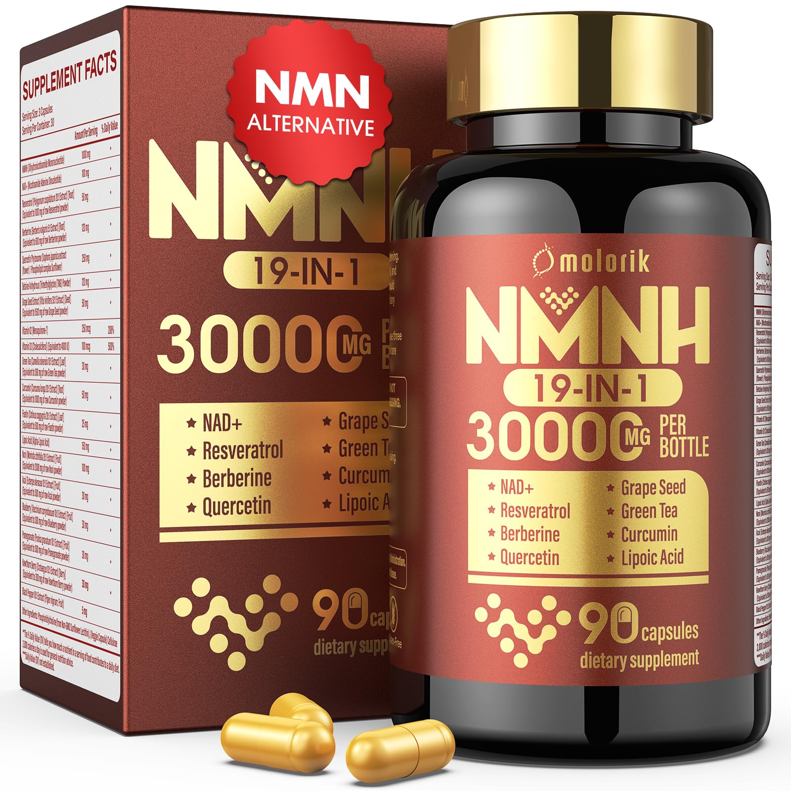 19 in 1 NMNH (Dihydronicotinamide Mononucleotide) 1000mg Per Serving, Nad Supplement Boost NAD+ Levels Nad Resveratrol Supplement with Quercetin, Vitamin D3 K2, Healthy Aging, Energy, 90 Capsules molorik pure Au supplements