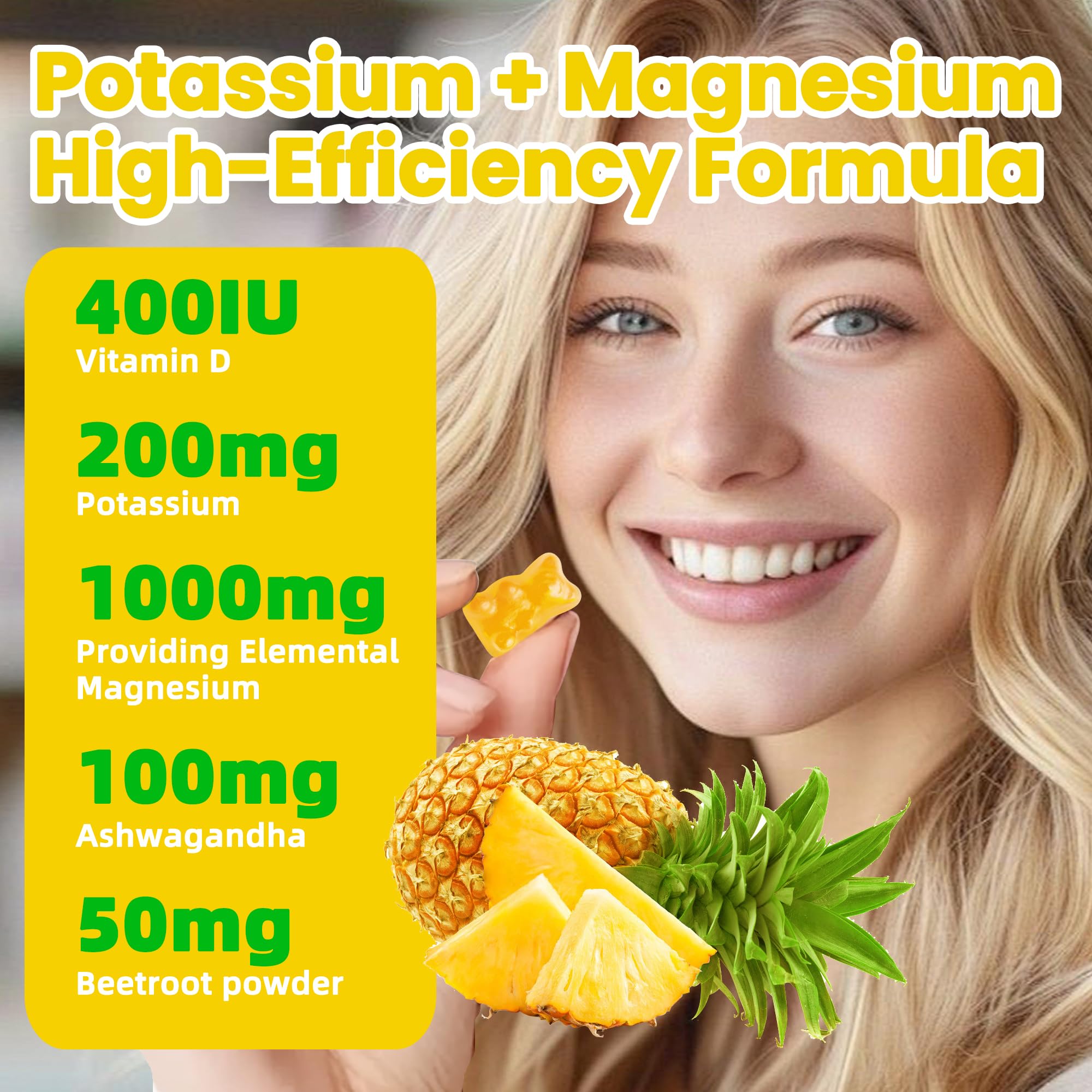 Potassium Magnesium Gummies,High Absorption Magnesium Glycinate,B6,D3,Potassium Citrate for Leg Cramps,Muscle,Electroyte for Adults Kids,Sugar-Free, 60 Gummies (Pineapple) Wekannufod Au supplements