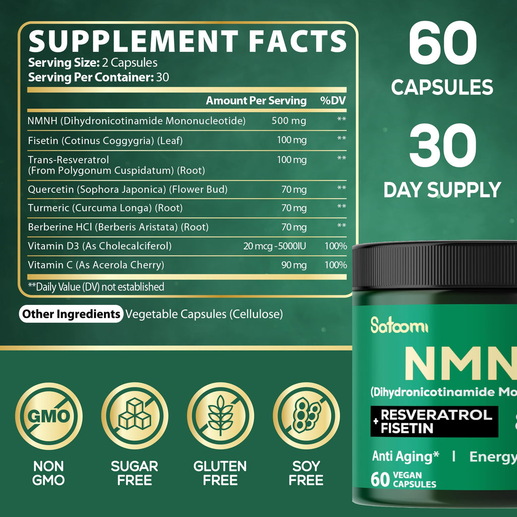 Satoomi 8in1 NMNH - NMN Supplement Alternative - NAD Supplement to Support NAD Levels Added Fisetin, Resveratrol, Quercetin, Turmeric, Berberine, Vitamin D3 & C - 60 Count for 30 Days Satoomi Au supplements