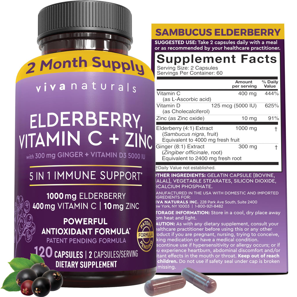 Viva Naturals Elderberry with Vitamin C and Zinc for Adults - 5 in 1 Sambucus Black Elderberry Capsules with Vitamin D3 5000 IU Immunity Supplement