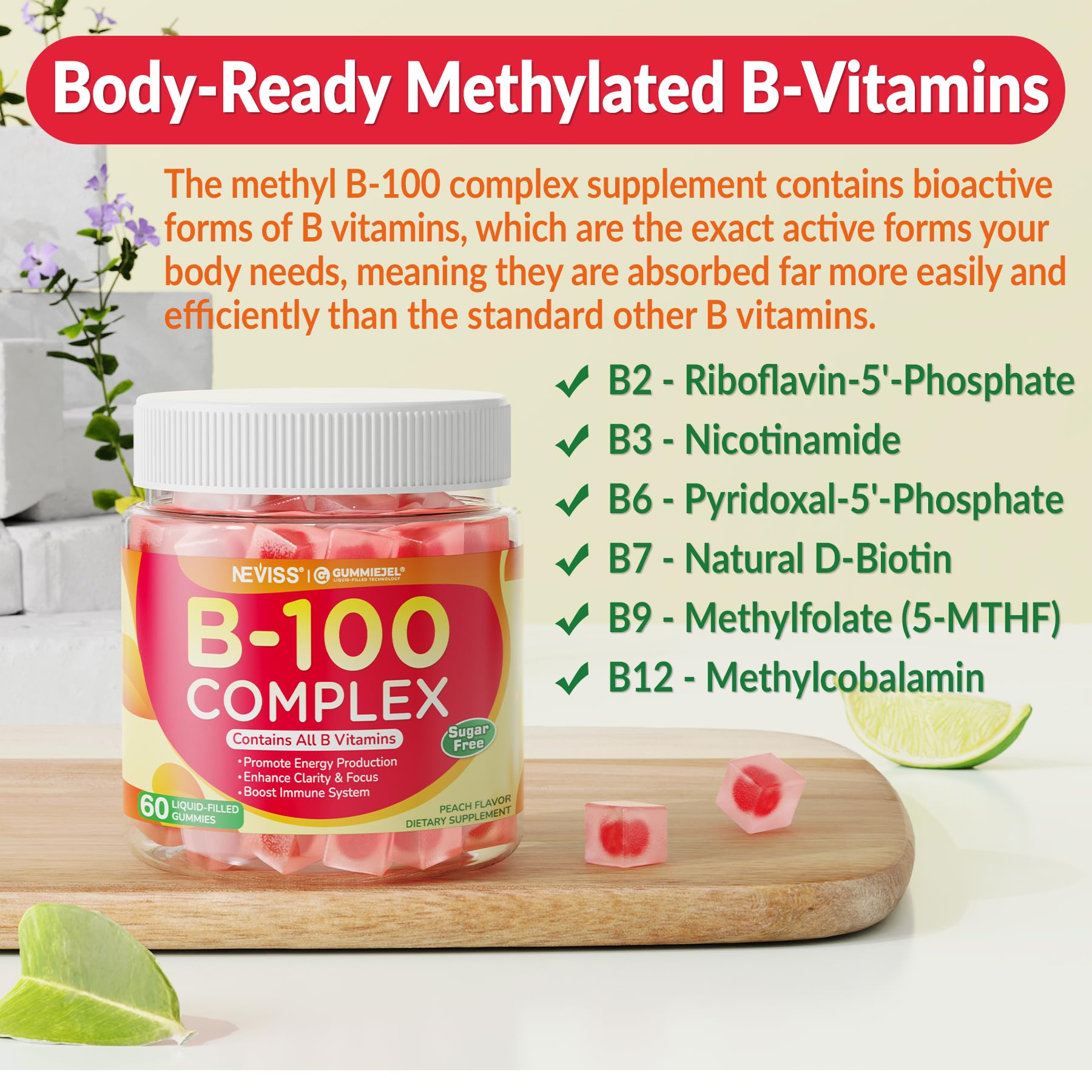 Super Vitamin B Complex Gummies - Methylated B Complex for Women & Men, All B Vitamins, Methyl B12, Methylfolate, Vitamin C, Choline, Inositol, PABA for Energy
