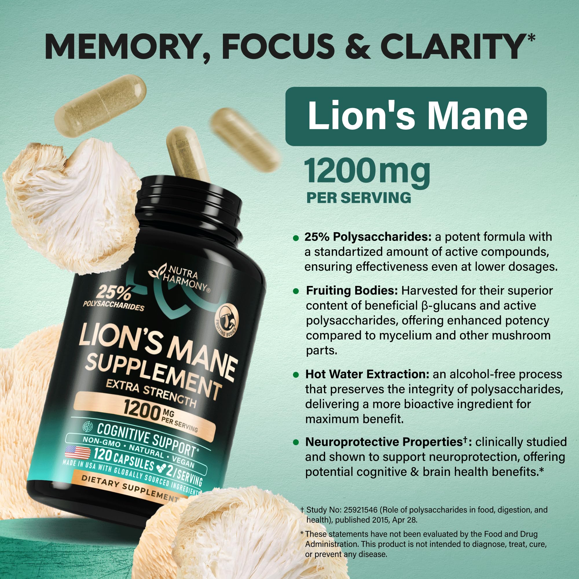 Lions Mane Supplement Capsules - Organic Lions Mane - Made in USA - Fruiting Bodies Extract - 1200 mg, 25% Polysaccharides - Memory & Focus Support