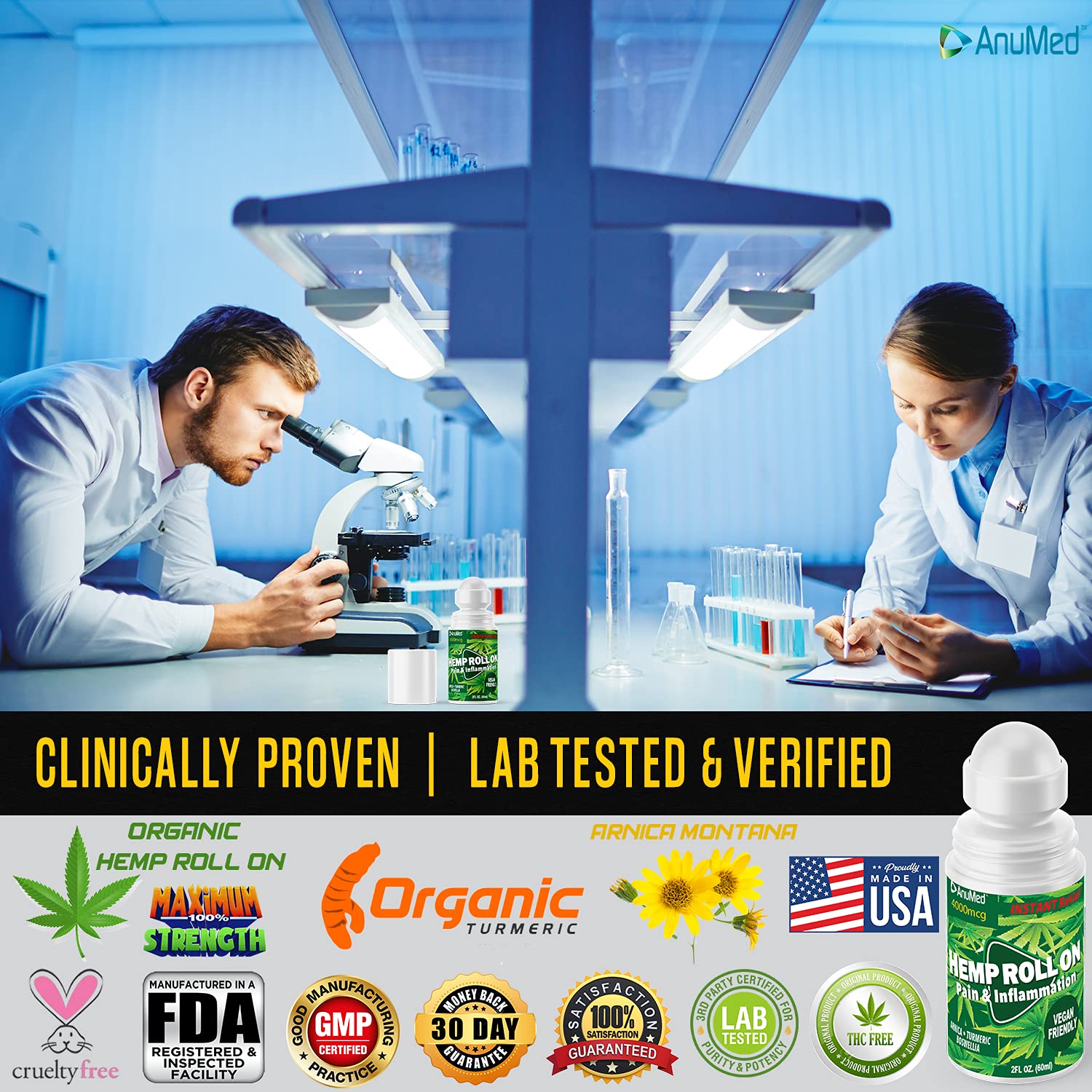 ANUMED Hemp Roll-On 4000mg Pain Relief. Fast Acting, Long Lasting, Maximum Strength with Arnica + Turmeric for Anti-Inflammatory, Natural Recovery, Joint, Muscle, Nerve Pain Reliever 2 Packs of (1oz) AnuMed International Au supplements