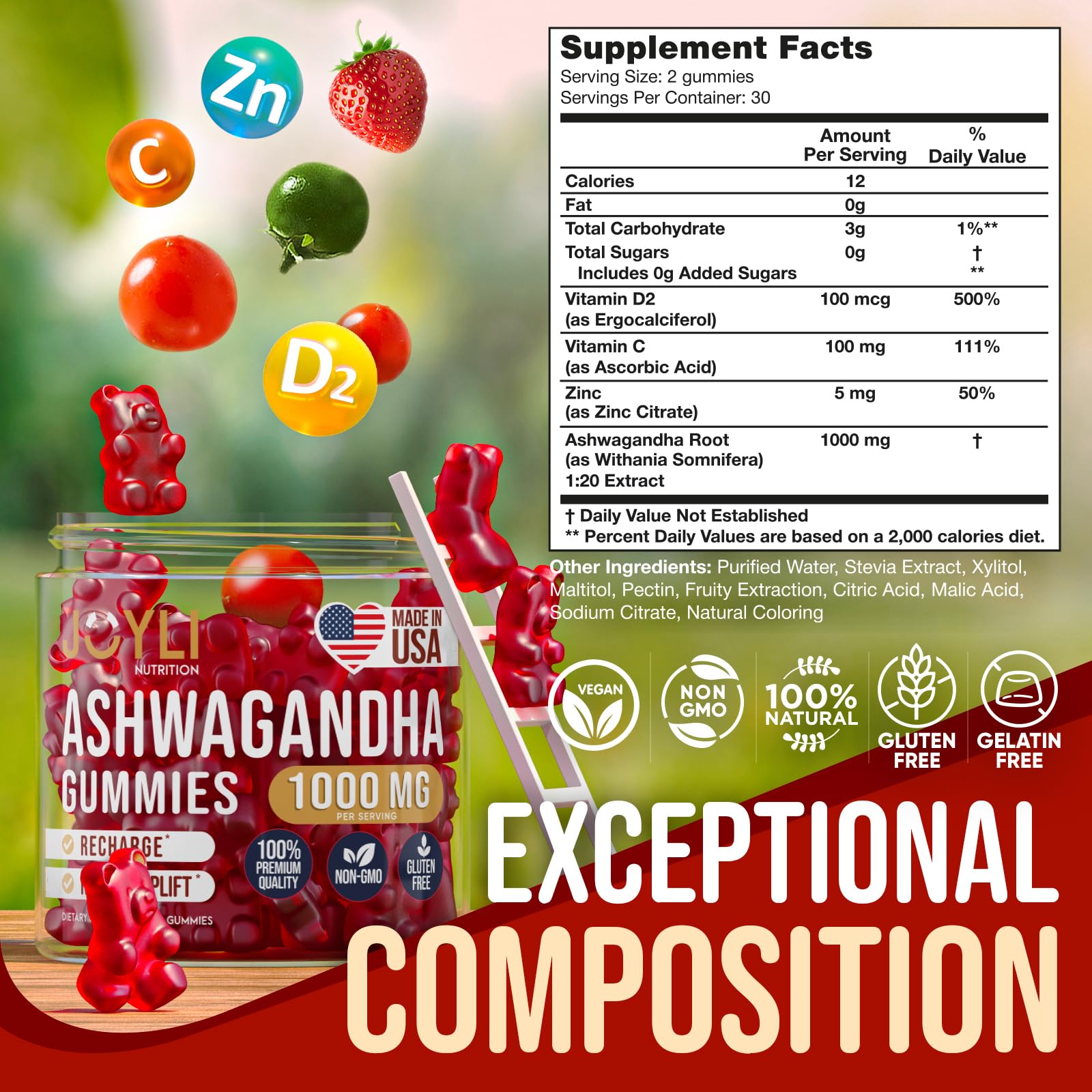 Ashwagandha Gummies for Women & Men - Natural Calm Gummies with Ashwagandha Root Extract Vitamin C Zinc - Ashwagandha Herbal Supplement for Sleep Stress Balance - 60 Vegan Sugar Free Chews JOYLI Nutrition Au supplements