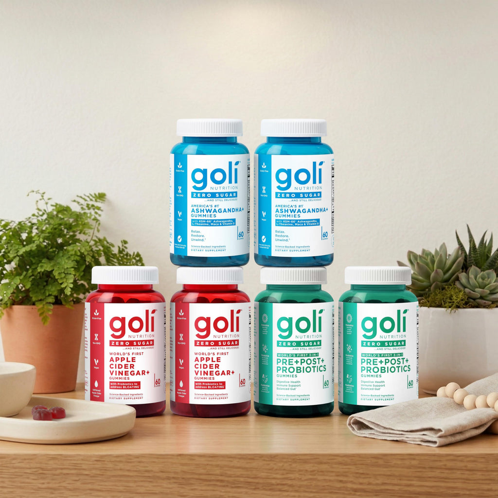 Goli Zero Sugar 6 Pack Bundle - World's First 3-in-1 Pre, Post, Probiotic, Apple Cider Vinegar with Vitamin B12 and Probiotics to Address Bloating, Ashwagandha & L-Theanine, Vitamin D Gummies Goli Au supplements