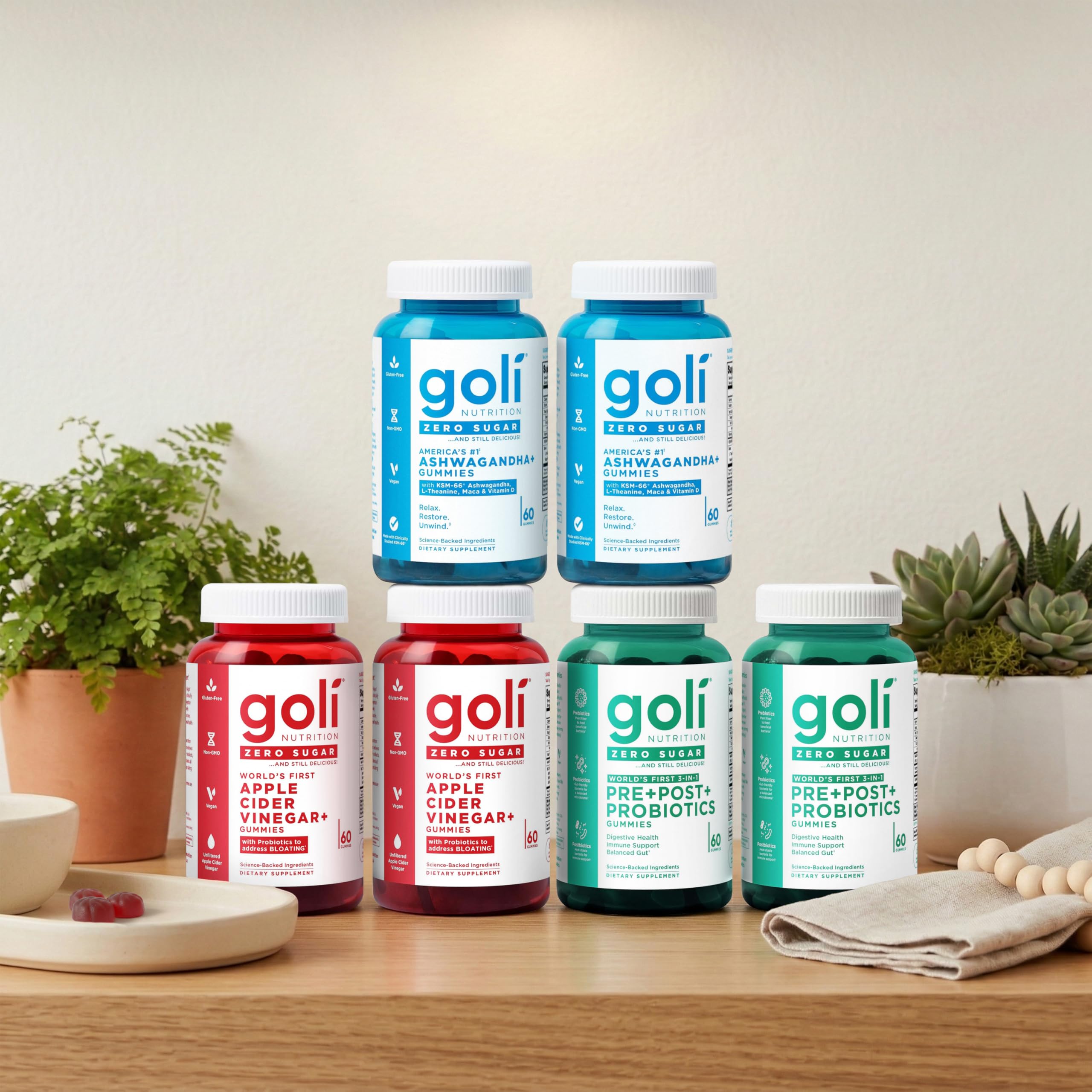 Goli Zero Sugar 6 Pack Bundle - World's First 3-in-1 Pre, Post, Probiotic, Apple Cider Vinegar with Vitamin B12 and Probiotics to Address Bloating, Ashwagandha & L-Theanine, Vitamin D Gummies Goli Au supplements