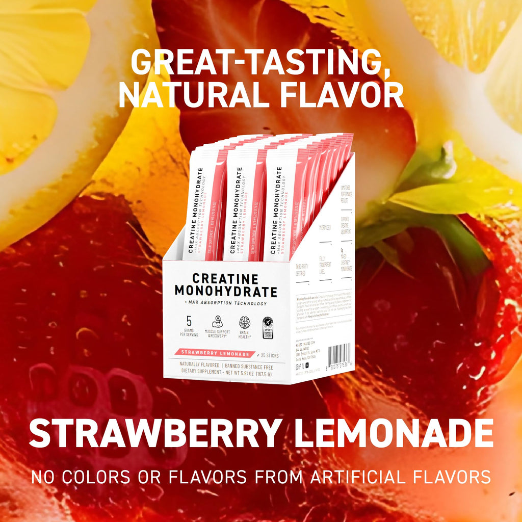 Kaged Creatine Monohydrate + Max Absorption Technology | Micronized Powder Stick Packs | Strawberry Lemonade | Muscle Building & Recovery | Brain Health