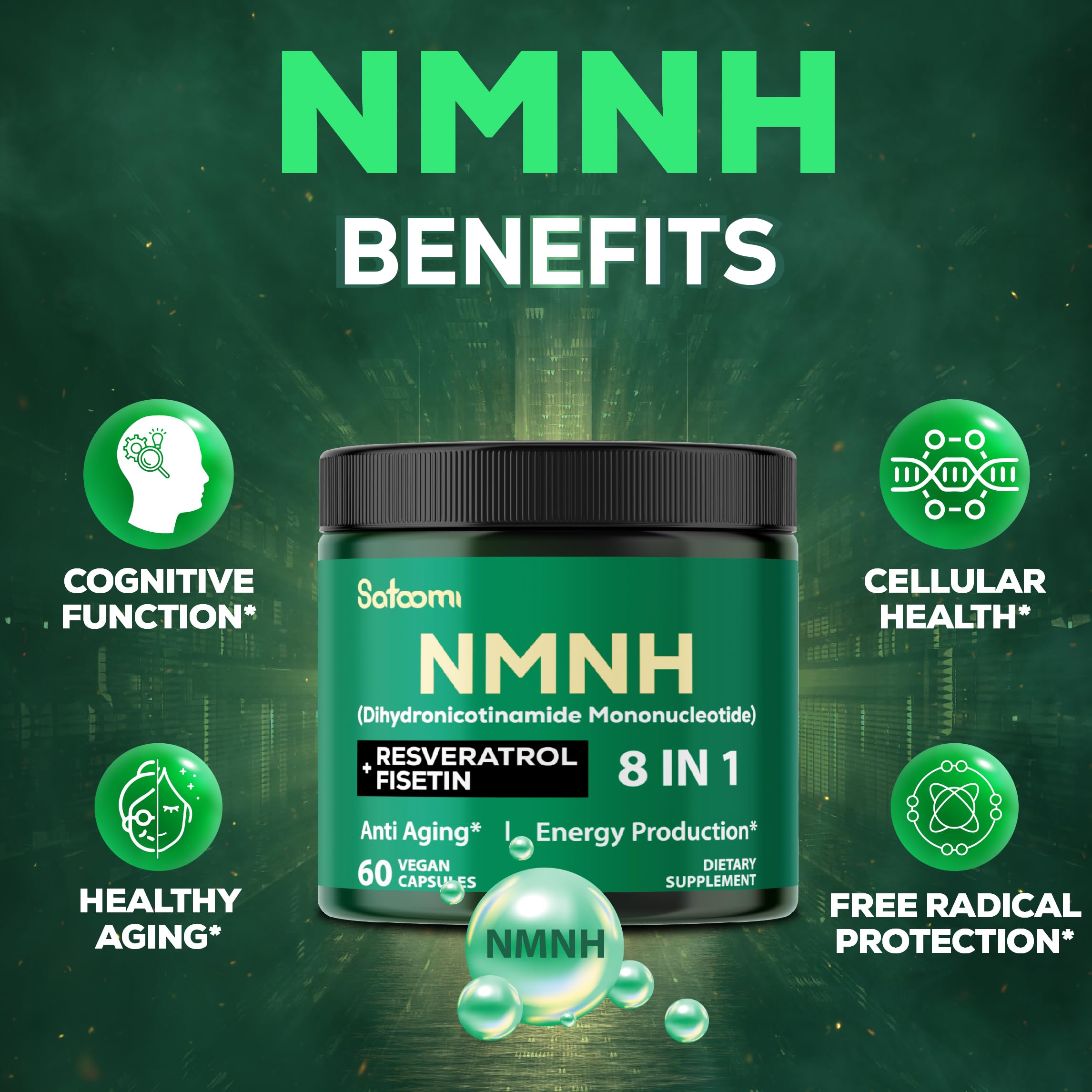 Satoomi 8in1 NMNH - NMN Supplement Alternative - NAD Supplement to Support NAD Levels Added Fisetin, Resveratrol, Quercetin, Turmeric, Berberine, Vitamin D3 & C - 60 Count for 30 Days Satoomi Au supplements