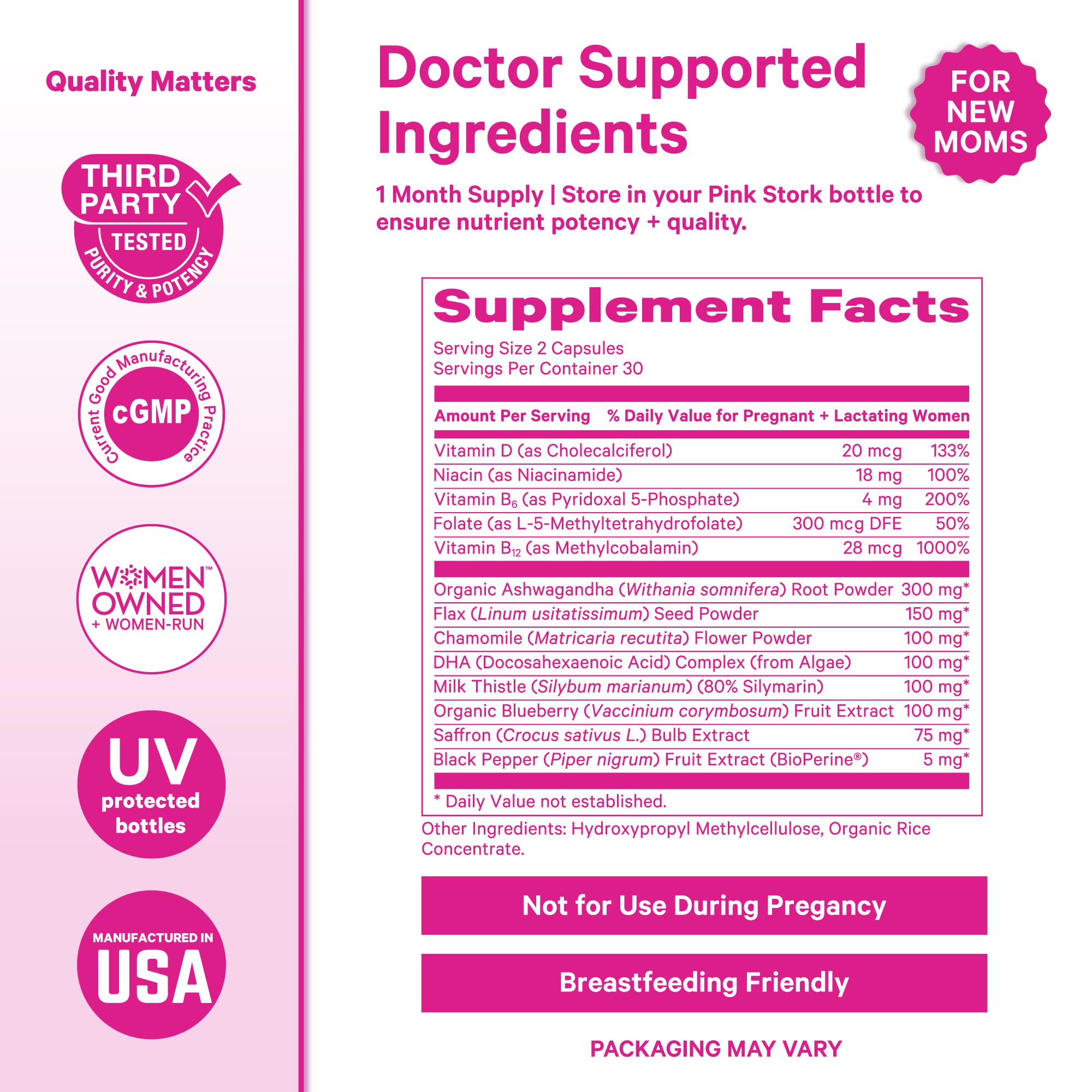 Pink Stork Postpartum Mood Support - Postnatal Hormone Balance for Women - Breastfeeding Friendly - Stress & Cognitive Support, New Mom Essentials - Ashwagandha, Chamomile, & Vitamin D, 60 Capsules Pink Stork Au supplements