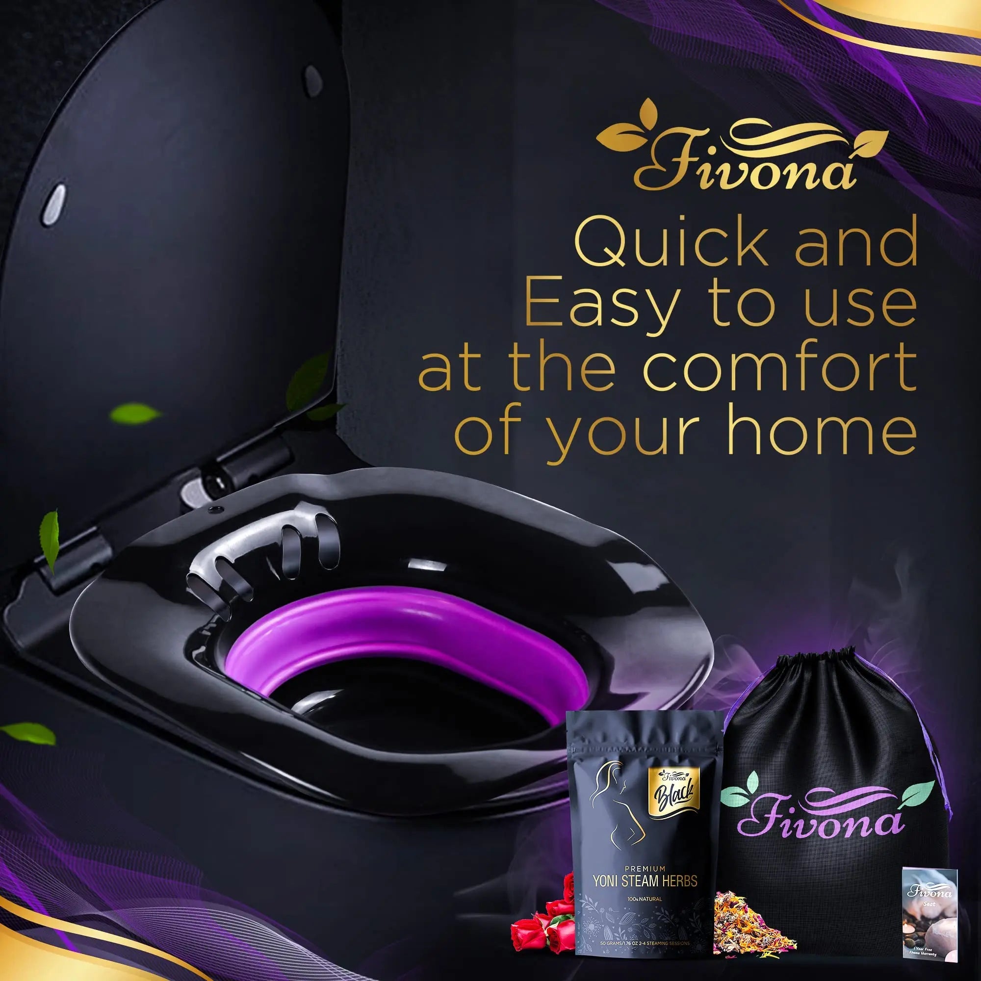 Fivona 3-in-1 Yoni Steam Kit Black - Foldable Over The Toilet Steamer Seat with Herbal Blend and Storage FIVONA Au supplements