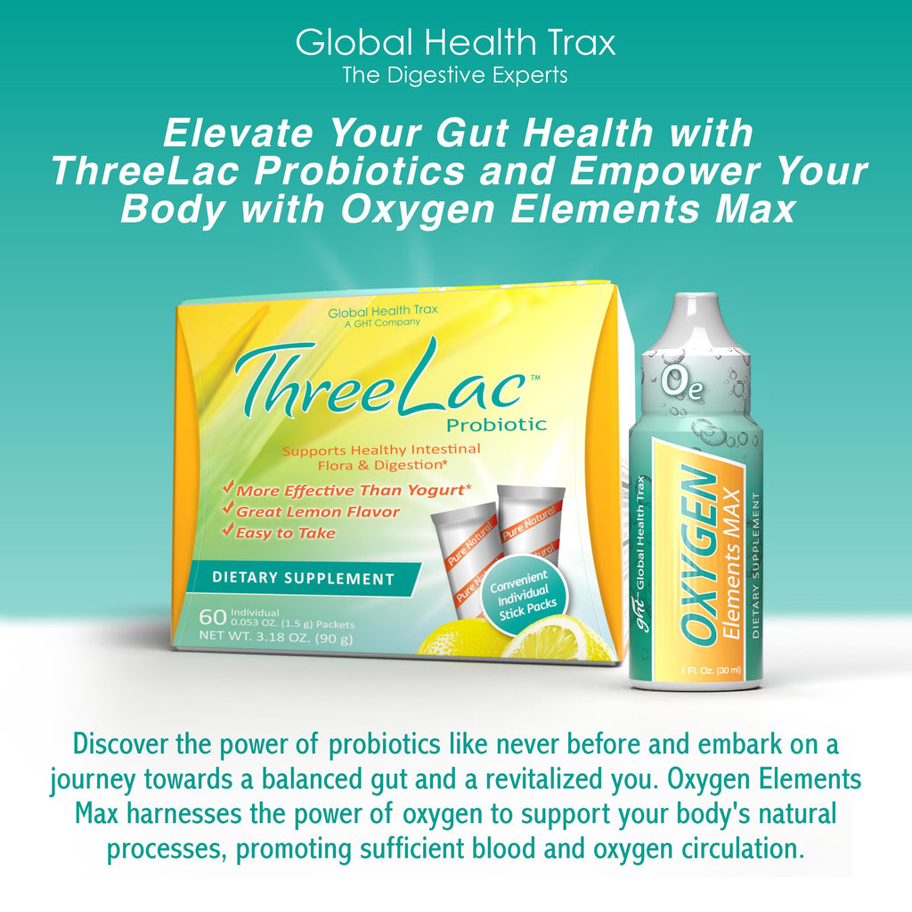 Global Health Trax Ultimate Gut & Oxygen Duo: ThreeLac Lemon Probiotic Powder (60 Packets) & Oxygen Elements Max Drops (1oz) - Digestive Support & Cellular Vitality ght Global Health Trax Au supplements