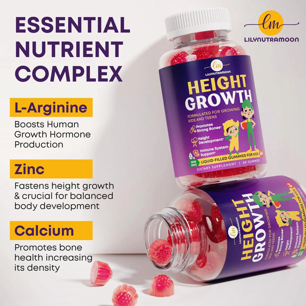Height Growth Gummies for Kids & Teens - Calcium, Vitamin D3 + K2, Zinc, Magnesium, L-Arginine, Vitamin C - Multivitamin for Teen Boys & Girls - Grow Taller Supplement for Kids Height - 60 Gummies LM LILYNUTRAMOON Au supplements