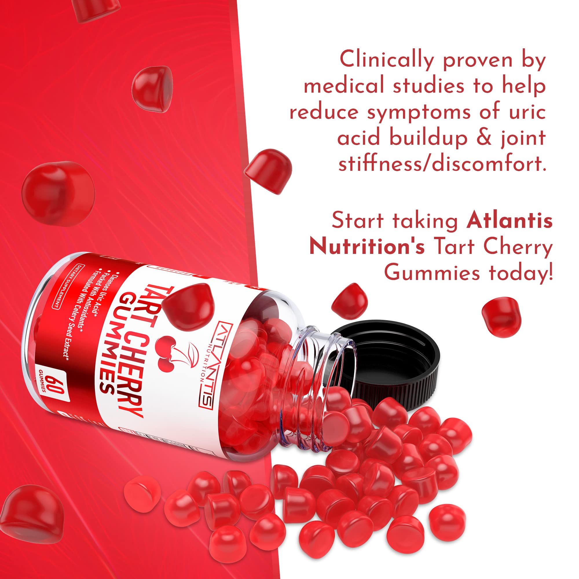 Atlantis Nutrition Tart Cherry Gummies with Celery Seed Extract - Advanced Uric Acid Cleanse for Immediate Relief | Joint Relief & Recovery