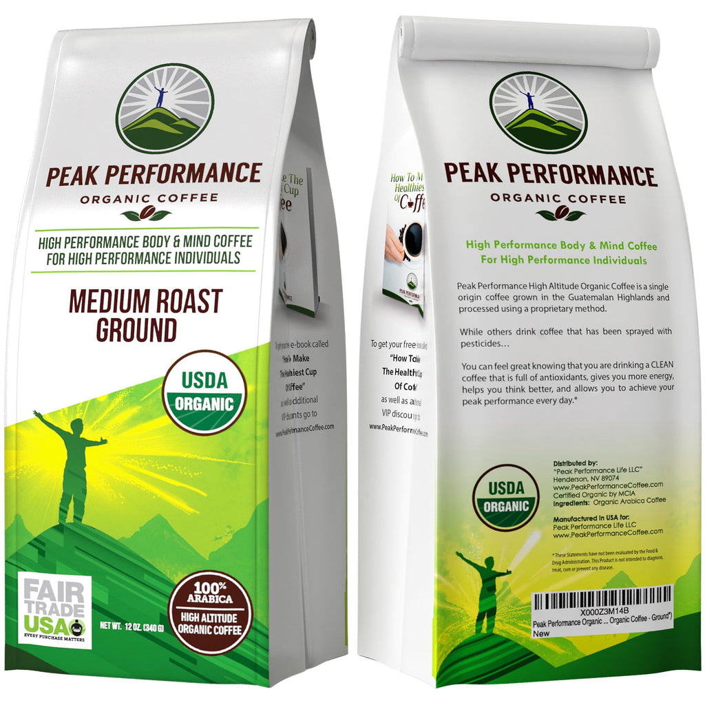 Peak Performance High Altitude Organic Coffee - Fair Trade, Low Acid, Non GMO, and Beans Full of Antioxidants - Medium Roast Smooth Tasting USDA Certified Organic Ground Coffee Bag 12 oz Peak Performance Au supplements