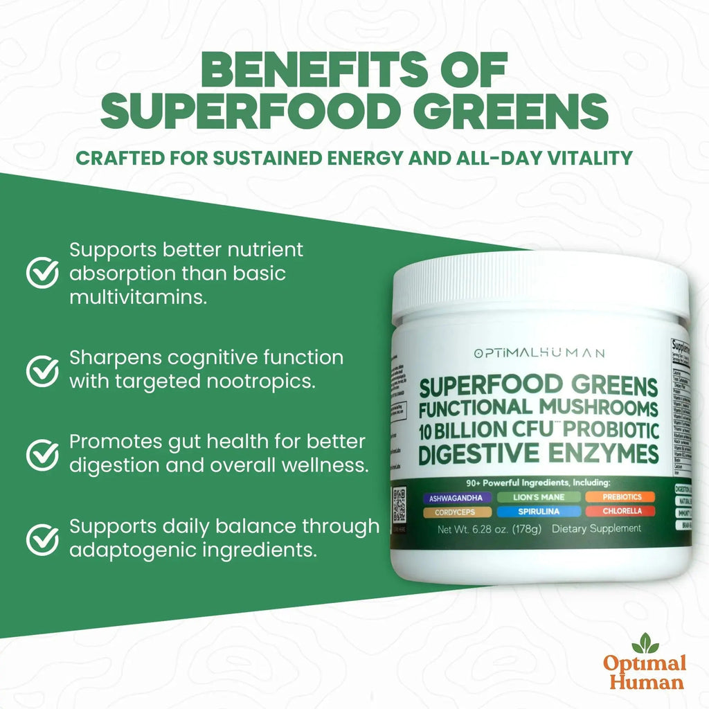 Optimal Human Superfood Greens Powder – 90+ Ingredient Blend with Lion’s Mane Supplement, Ashwagandha & Turmeric O H Au supplements