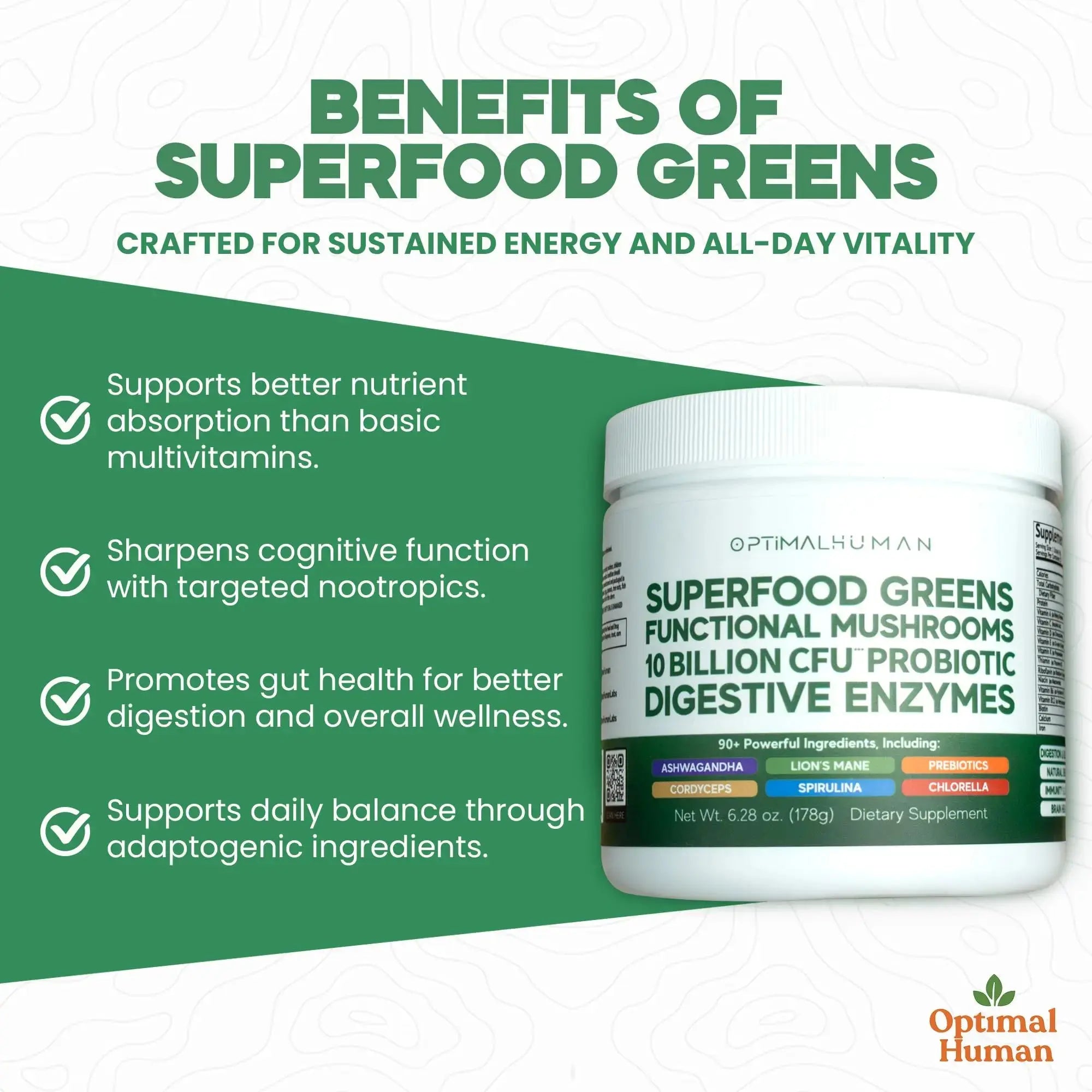 Optimal Human Superfood Greens Powder – 90+ Ingredient Blend with Lion’s Mane Supplement, Ashwagandha & Turmeric O H Au supplements