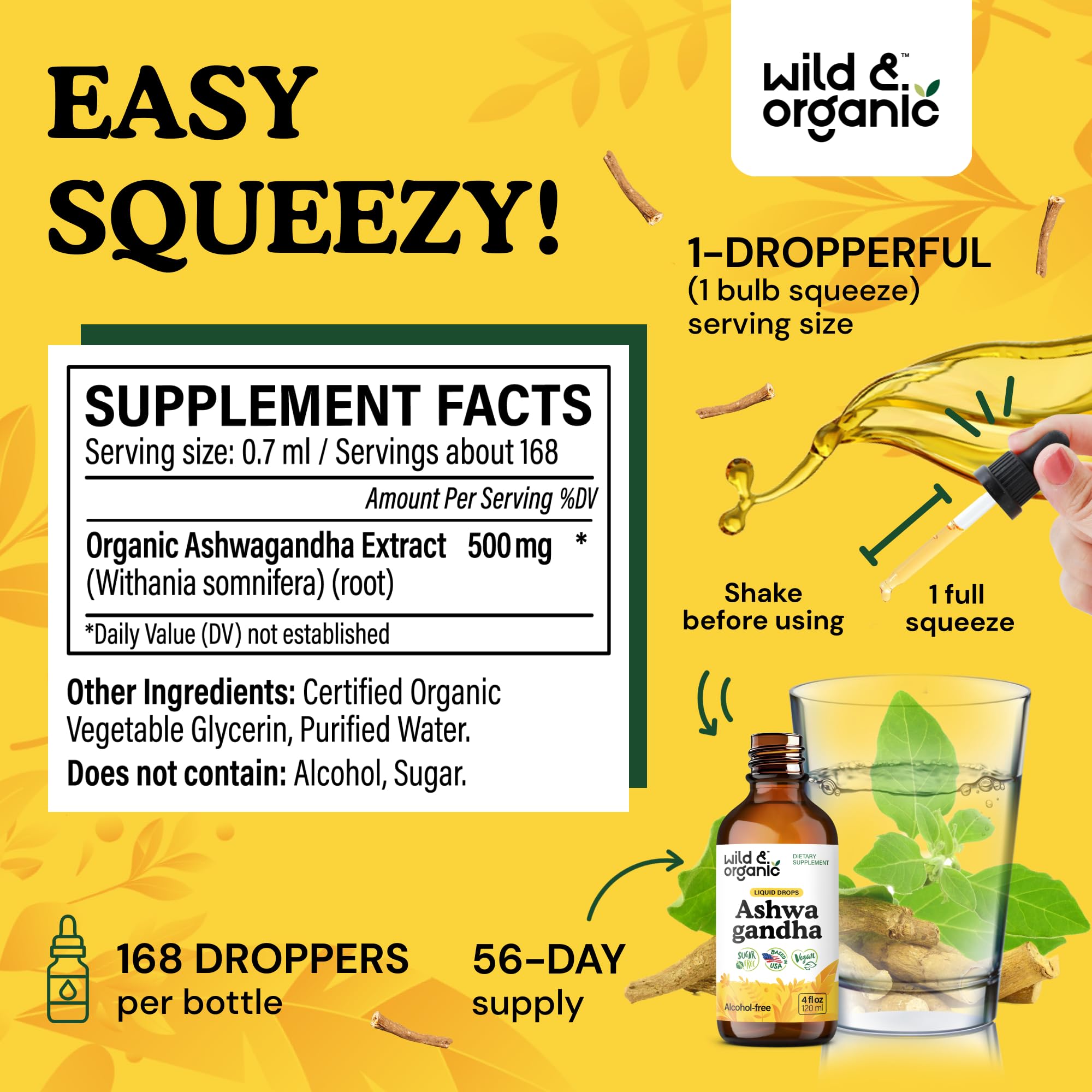 Wild & Organic Ashwagandha Drops - Mood Support & Positive Energy - 500 mg Ashwagandha for Women & Men - Add to Tea Liquid Extract for Relaxation - Non-GMO, Sugar & Alcohol-Free Tincture - 4 fl oz Wild & Organic Au supplements