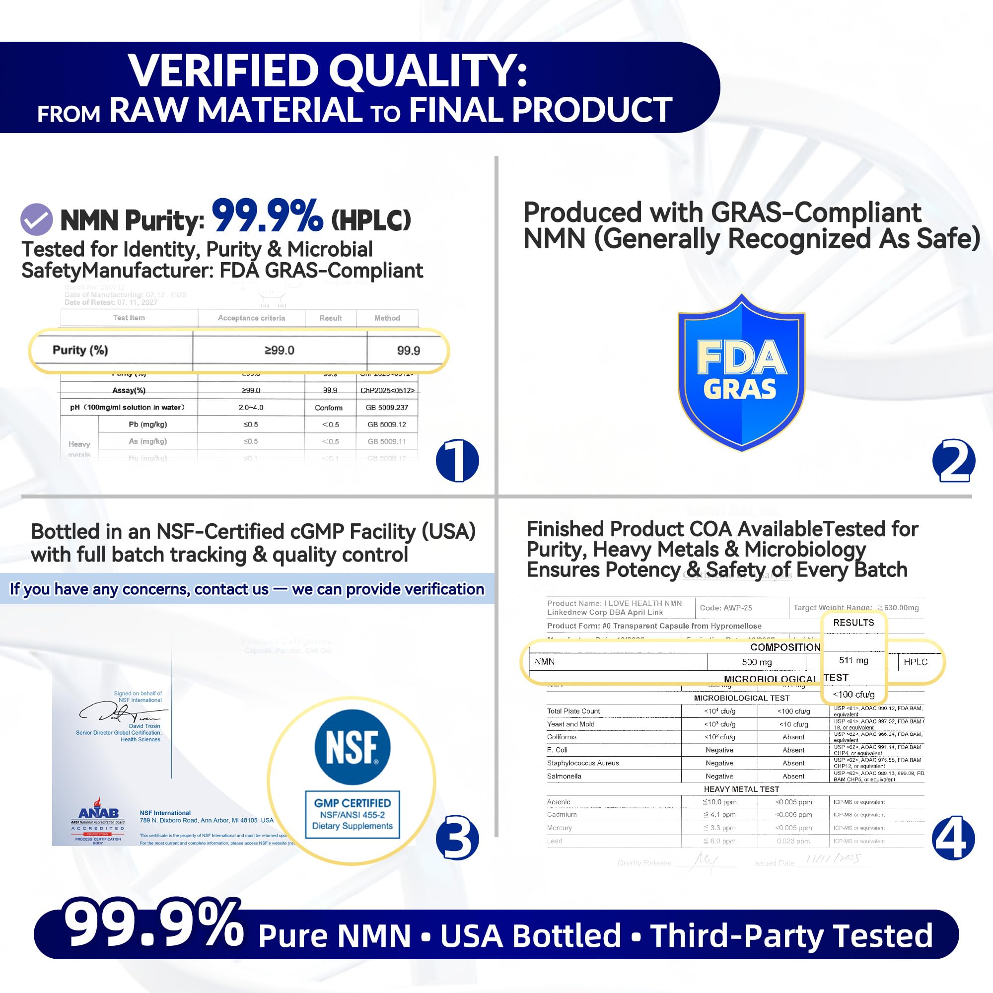 NMN 500MG Per Capsule – High Purity 99.9% NMN, NAD+ Support for Cellular Energy & Healthy Aging, 60 Capsules, Third-Party Tested, cGMP Made in USA I LOVE HEALTH Au supplements