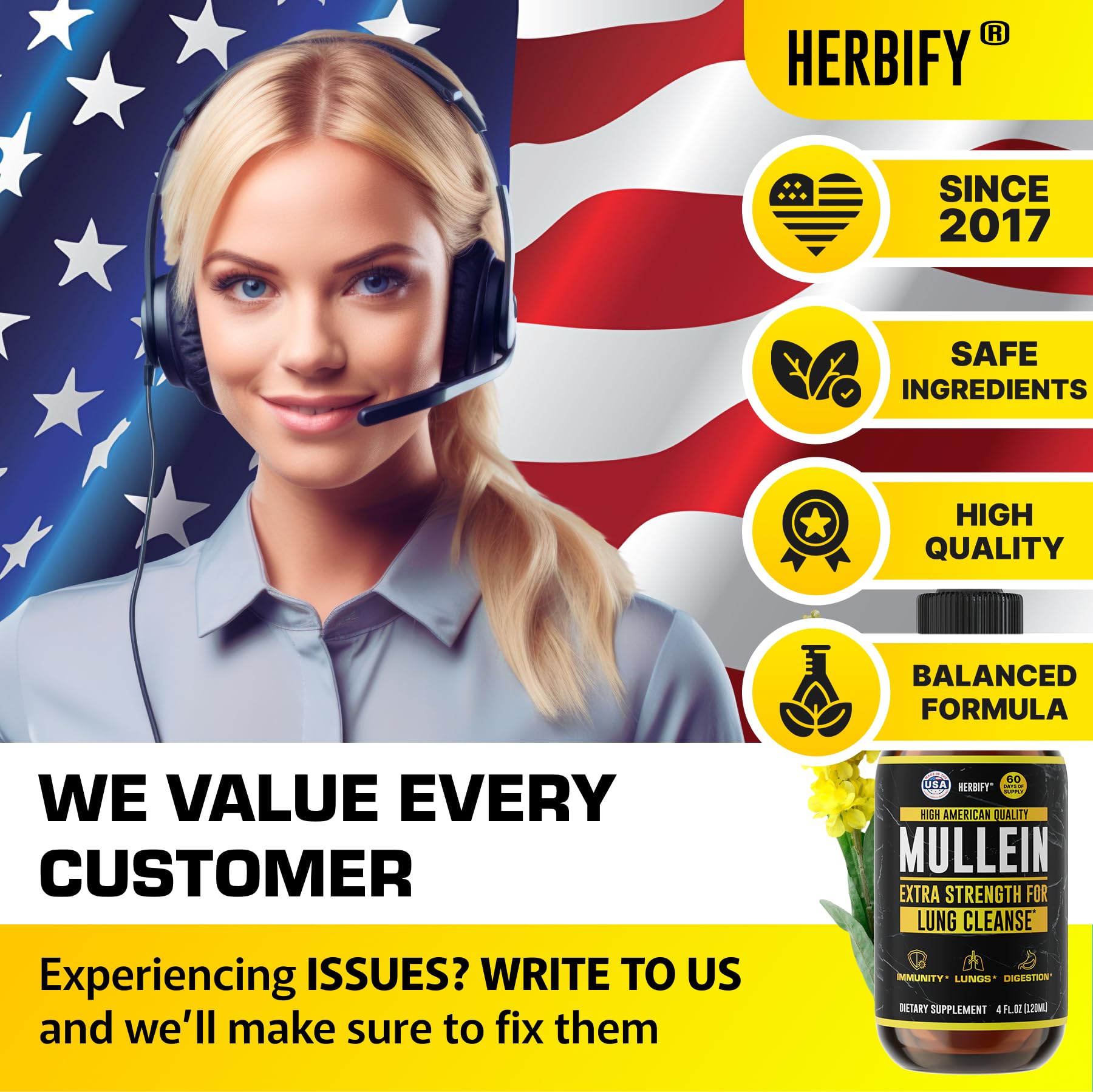 HERBIFY Mullein Drops - Lung Cleanse - Leaf Extract - Powerful Mullein for Immune Support,Detox & Respiratory Support - Made in USA